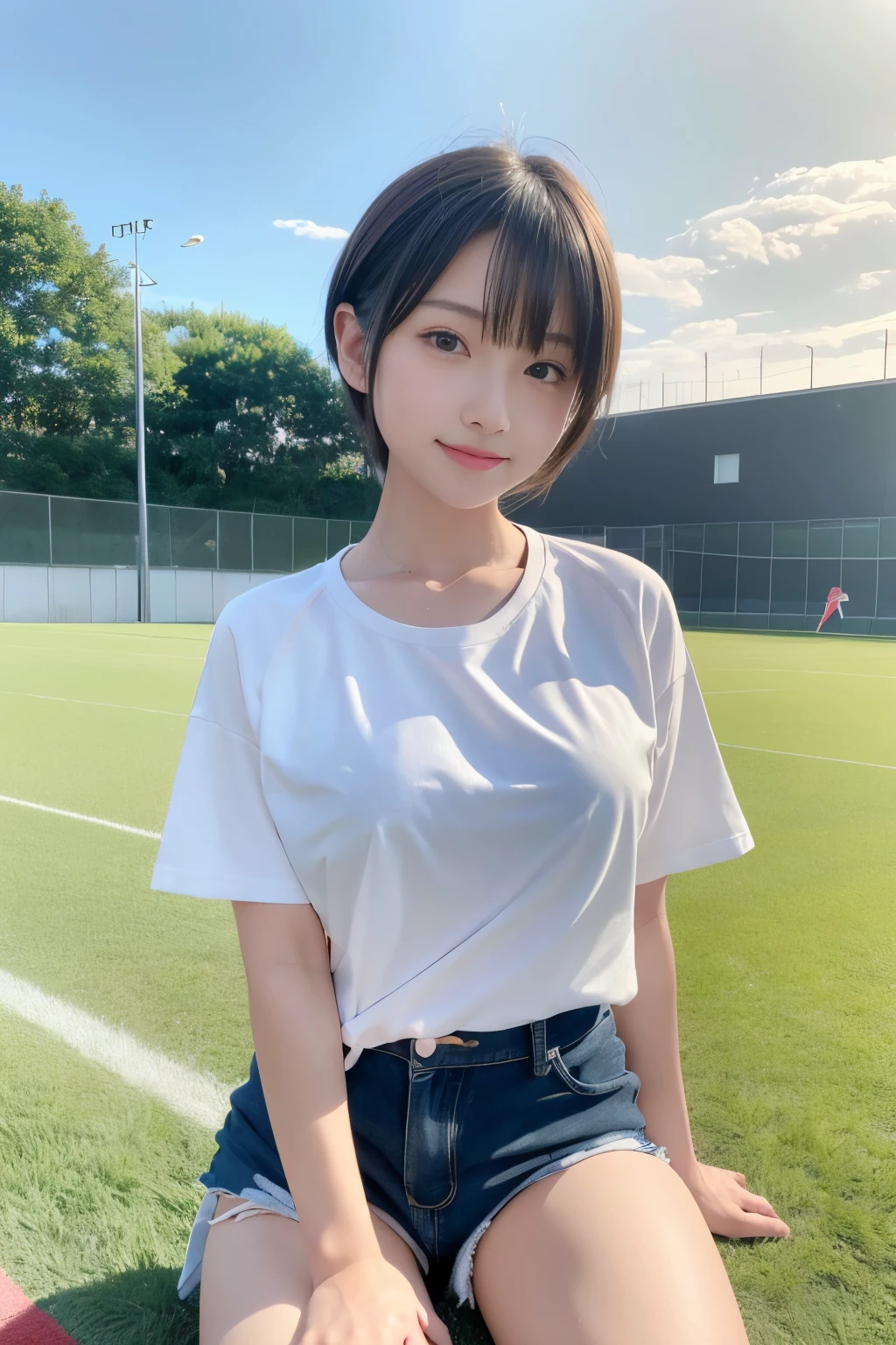 in woods、Junior high school student with too big、sixteen years old、blushed face:1.5)、(full of sweat:1.4)、Sagging milk、tender、perspiring、short-hair、Valley Club、masturbation in girls、Show panties、plumw、Opening legs、
