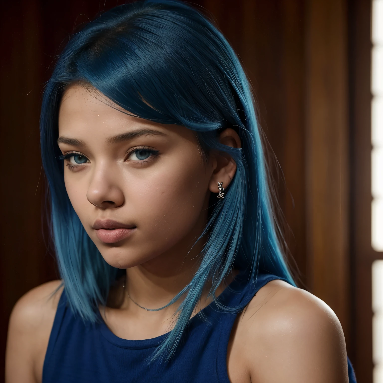 Kaloo, young girl, 14 year old, cute girl, Scarlett Johansonn nose, Rihanna lips, ((blue hair)),