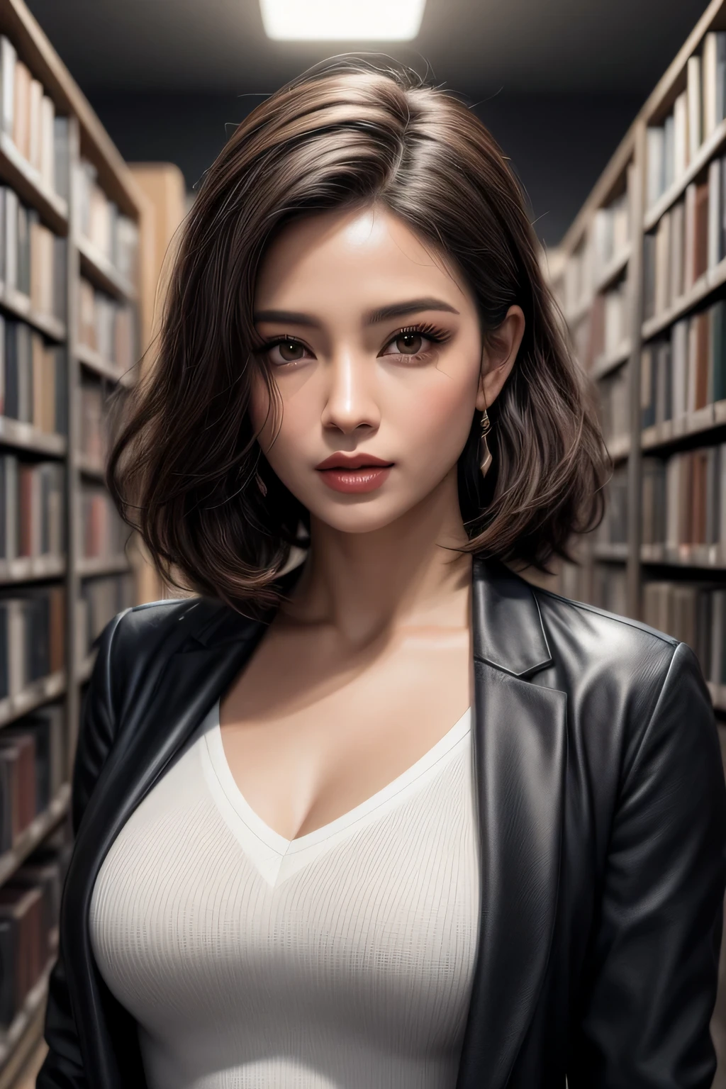 Sexy linda advogada、(Sozinho, 50 anos、rosto hiperdetalhado、Detailed lips、Um olho detalhado、double eyelid、Cabelo Bob Moreno, Blazer preto、Camisas brancas、Micro saia justa)、Leia em sua mesa、na biblioteca、(corpo glamoroso)、(Seios colossais)、decote do peito、perfect hand, dedos perfeitos, peito perfeito, Ajuste perfeito, corpos perfeitos, rosto perfeito, Realismo de imagem perfeito, Detailed history, traje detalhado, Maikurobiquíni、camisa desabotoada、lewd librarian、Hiper-Realismo、Photorealistic、UnrealEngine、Maximum resolution of 8k, (obra-prima), altamente detalhado, profissional