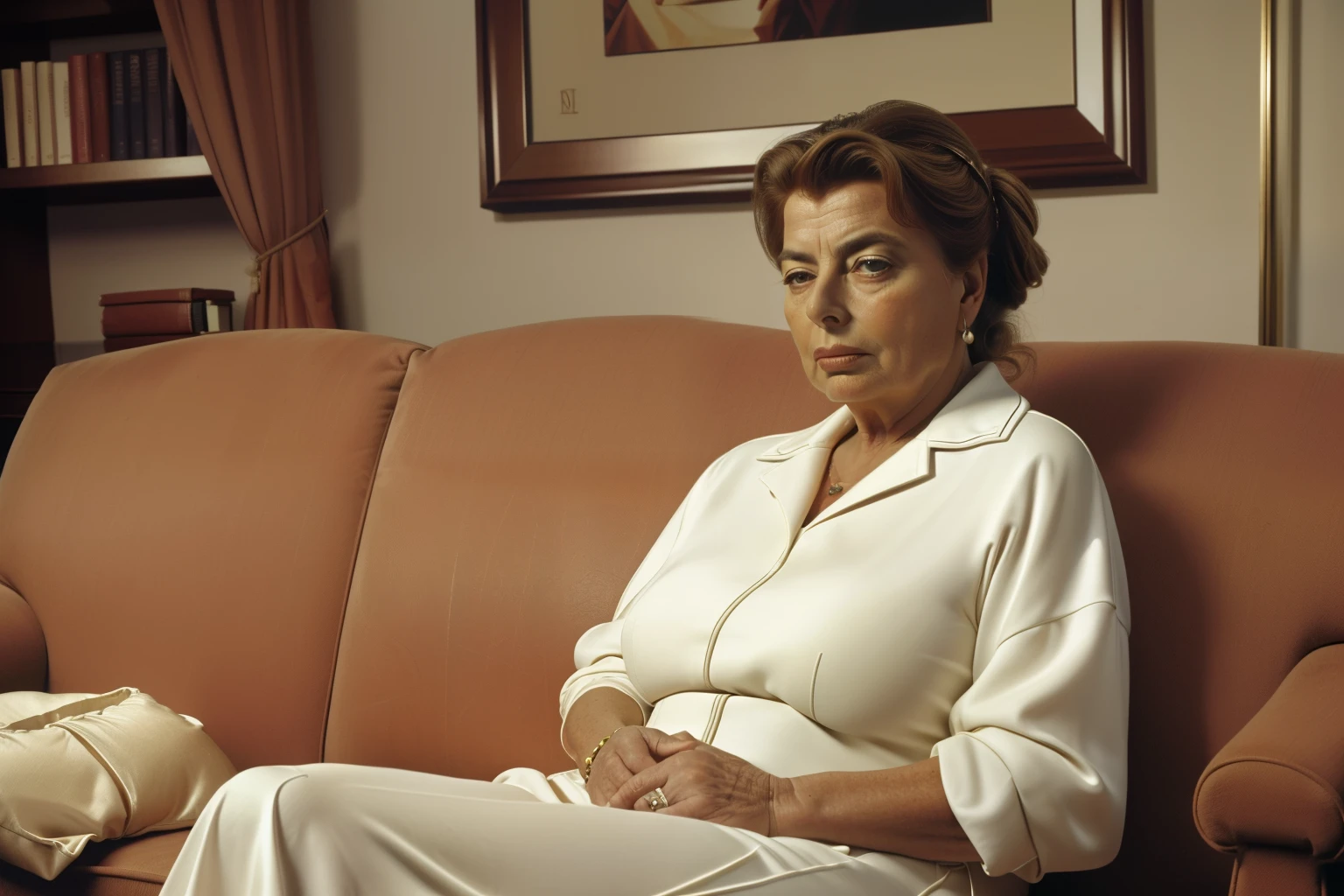Huelva, Spain, 2002. ((((49-year-old)) Lola Ingrid Bergman)), in therapy, sitting on the sofa, ((sad expression)). ((((clothing from the 2000s)))), ((hairstyle of the 2000s))