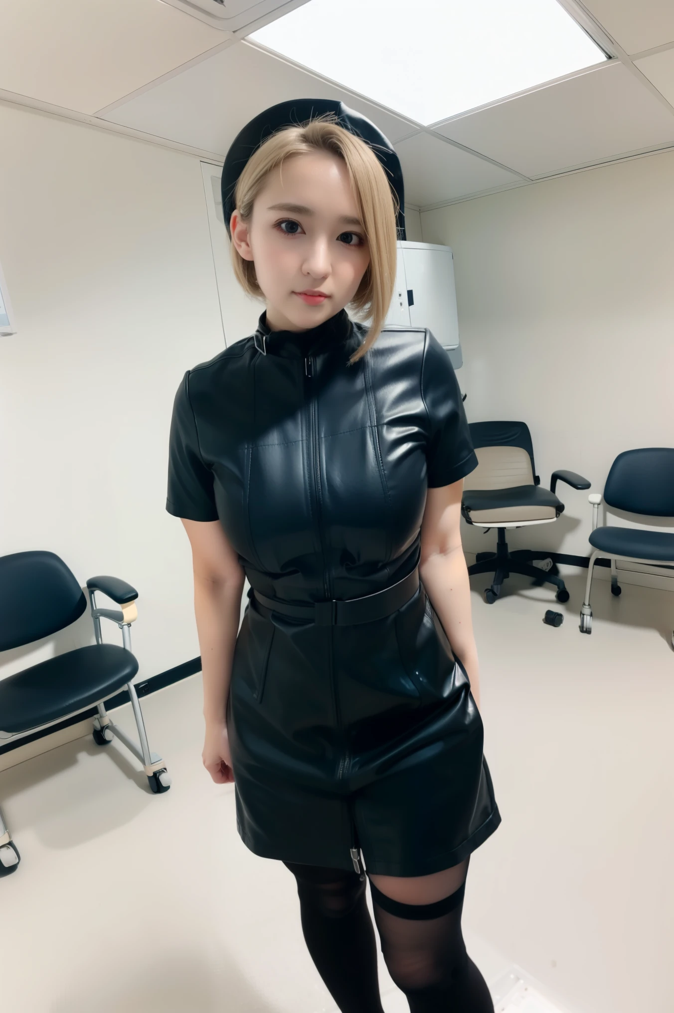 (raw photo,8k,photorealistic:1.3), black nurse, 1girl, solo, black nurse cap, black wear, ((black legwear, zettai ryouiki)), black elbow gloves, blonde hair, blue eyes, ((huge breast)), standing, ((surgery room)), sharp outline, short sleeves, best quality, masterpiece