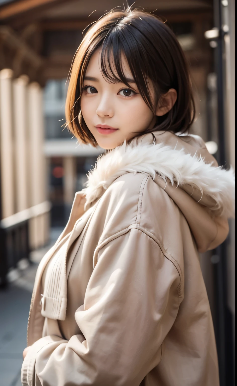 cute 21 year old japanese、super detail face、eye for details、double eyelid、beautiful thin nose、sharp focus:1.2、Beautiful woman:1.4、(light brown hair,short haired、),pure white skin、highest quality、masterpiece、Super high resolution、(Photoreal:1.4)、Light from outside、laughter、Pinnafor、entrance、Cute winter clothes