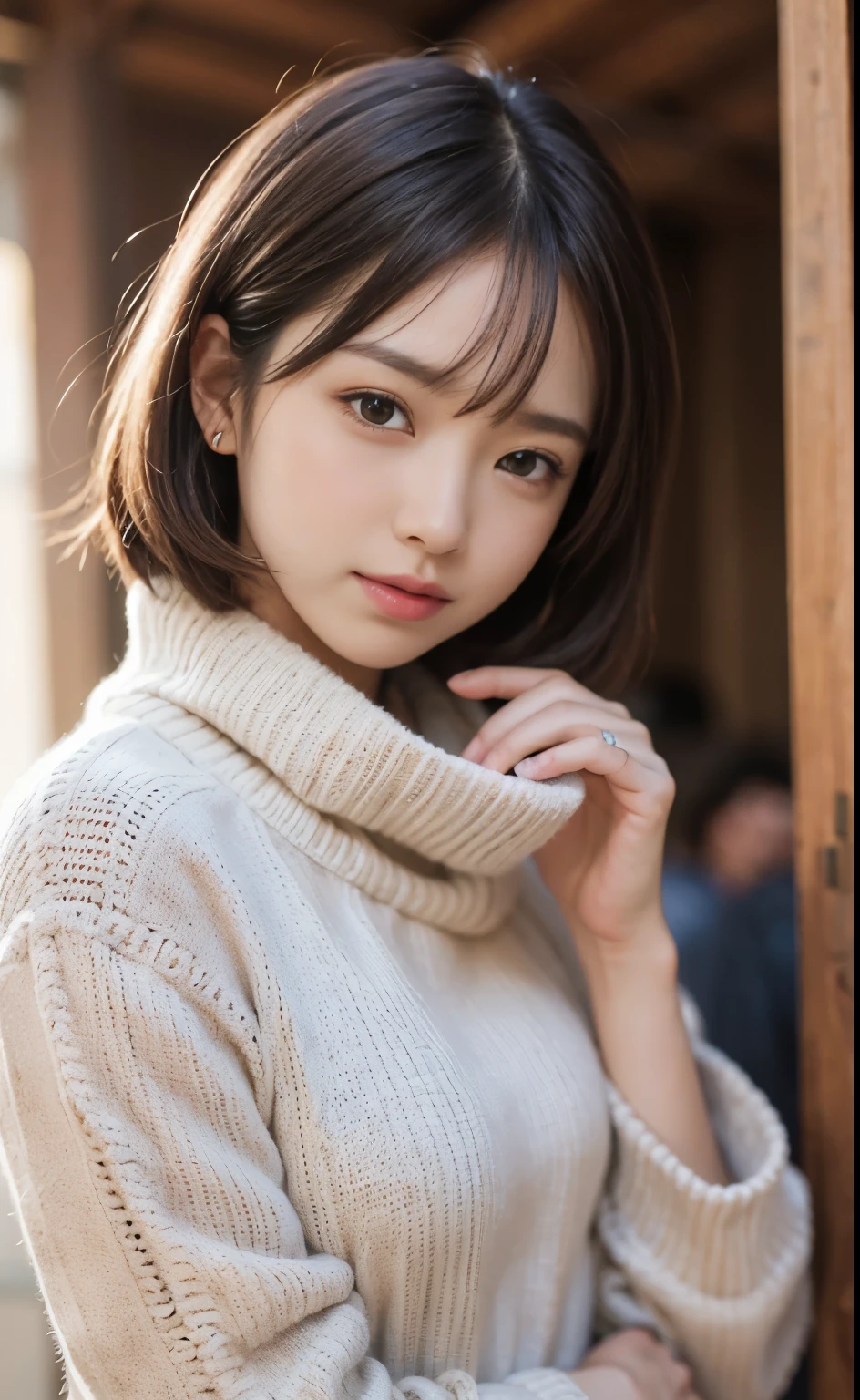 cute 21 year old japanese、super detail face、eye for details、double eyelid、beautiful thin nose、sharp focus:1.2、Beautiful woman:1.4、(light brown hair,short haired、),pure white skin、highest quality、masterpiece、Super high resolution、(Photoreal:1.4)、Light from outside、laughter、Pinnafor、entrance、Cute winter clothes