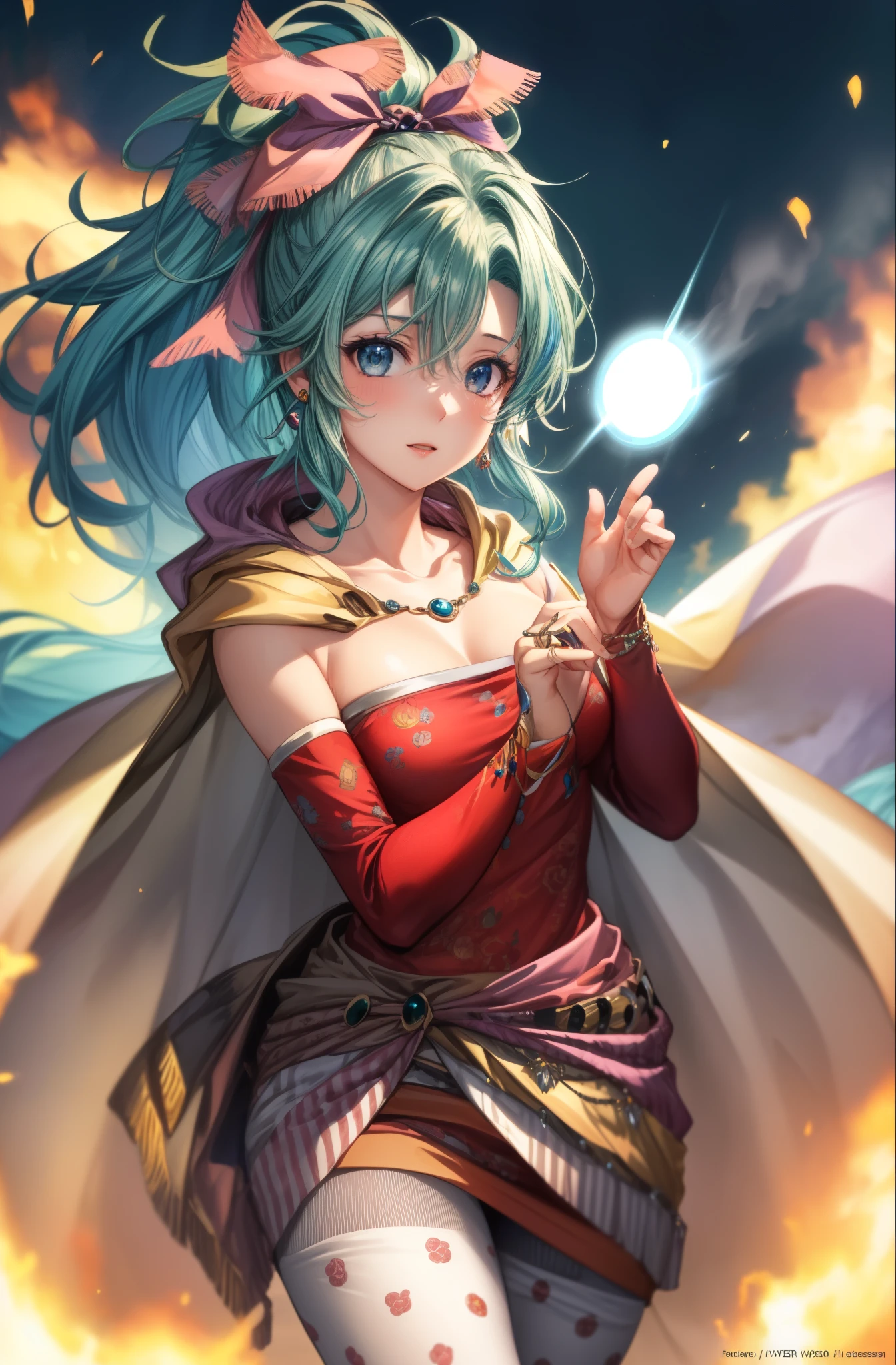 masterpiece, highest quality, 8K, ultra high resolution, highest quality, anime style, best writing, beautiful face, masterpiece, highest quality, Tina Branford, green hair, cape, earrings, red dress, removed sleeve, hair ribbon, clothes around the waist, print legwear, Raise your hand, looking at the viewer, closed mouth, (beautiful effect:1.3), (Amazing effect:1.3), (light vortex effect:1.3), cowboy shot, super detailed fingers, Ultra detailed hands