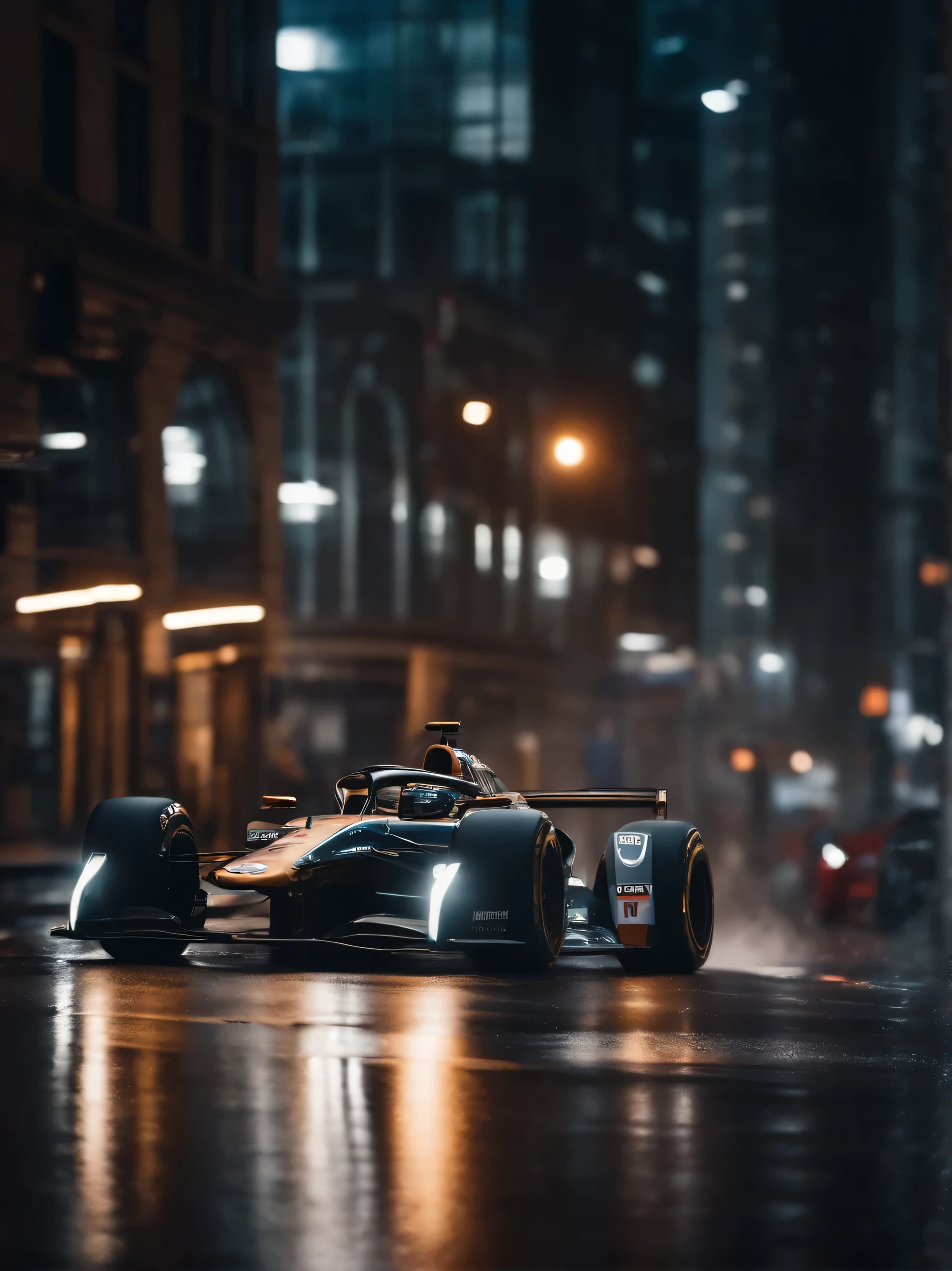 Alafide racing car on city streets in the rain, f1 racing car blurred in background, motor sport photography, The power of night city visuals, new york in the future, 8k vray rendering, frontal shot, Ray tracing 8K, Ray tracing 8K, photorealistic rendering, Detailed rendering, vray 8k rendering, background blur