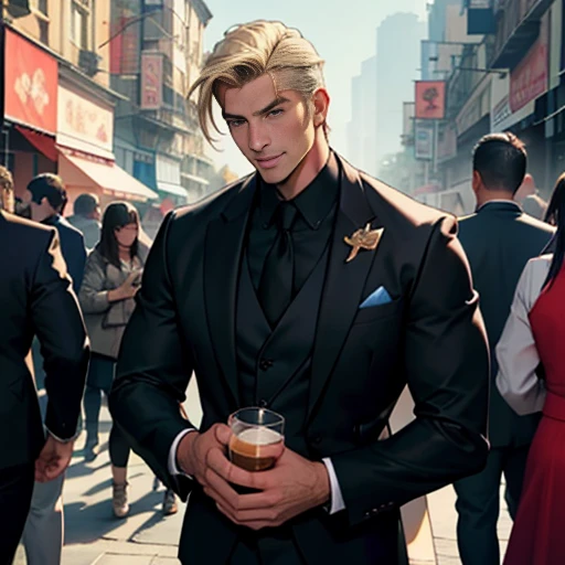 Amidst the bustling scene, a handsome man with chiseled features and ruggedly attractive physique was the center of attention. Dressed in an impeccable three-piece suit, his gaze was calm and collected as he stood amidst the adoring crowds. Some reached out to touch his well-toned arms, while others attempted to capture a moment of glory by hugging him from behind. Lips parted, some leaned in to press gentle kisses against his cheeks, while a few daring souls went a step further by attempting to plant a kiss on his lips. A sea of admiring eyes gazed upon him, drinking in every detail of his visage, cherishing the moment as though it