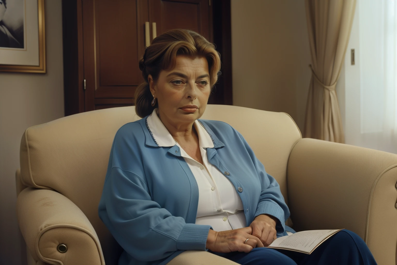Huelva, Spain, 2002. ((((49-year-old)) Lola Ingrid Bergman)), in therapy, sitting on the armchair, ((sad expression)). ((((casual clothing from the 2000s)))), ((hairstyle of the 2000s))