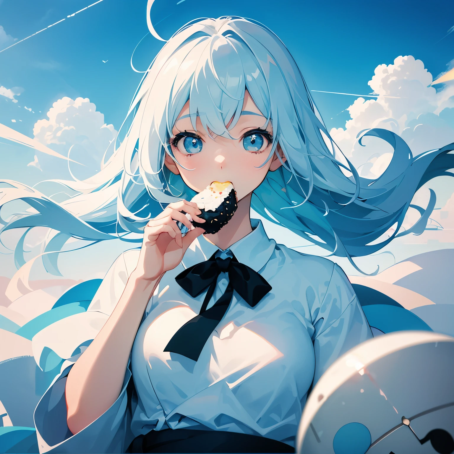 masterpiece, best quality, movie still, 1girl, floating in the sky, cloud girl, cloud, (close-up:1.1), bright, happy, fun, soft lighting, (Bauhaus, shapes, lines, abstract:1.1) , she is explosive eating, she eats onigiri
