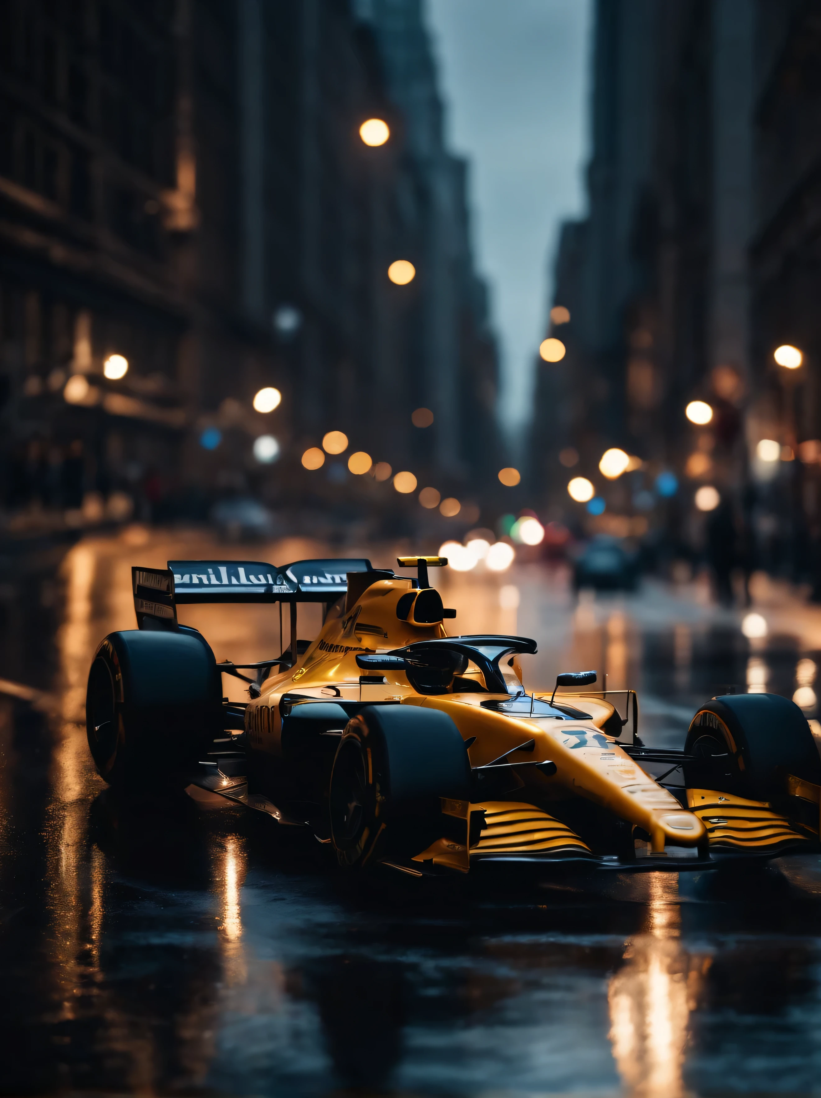 Alafide racing car on city streets in the rain, f1 racing car blurred in background, motor sport photography, The power of night city visuals, new york in the future, 8k vray rendering, frontal shot, Ray tracing 8K, Ray tracing 8K, photorealistic rendering, Detailed rendering, vray 8k rendering, background blur