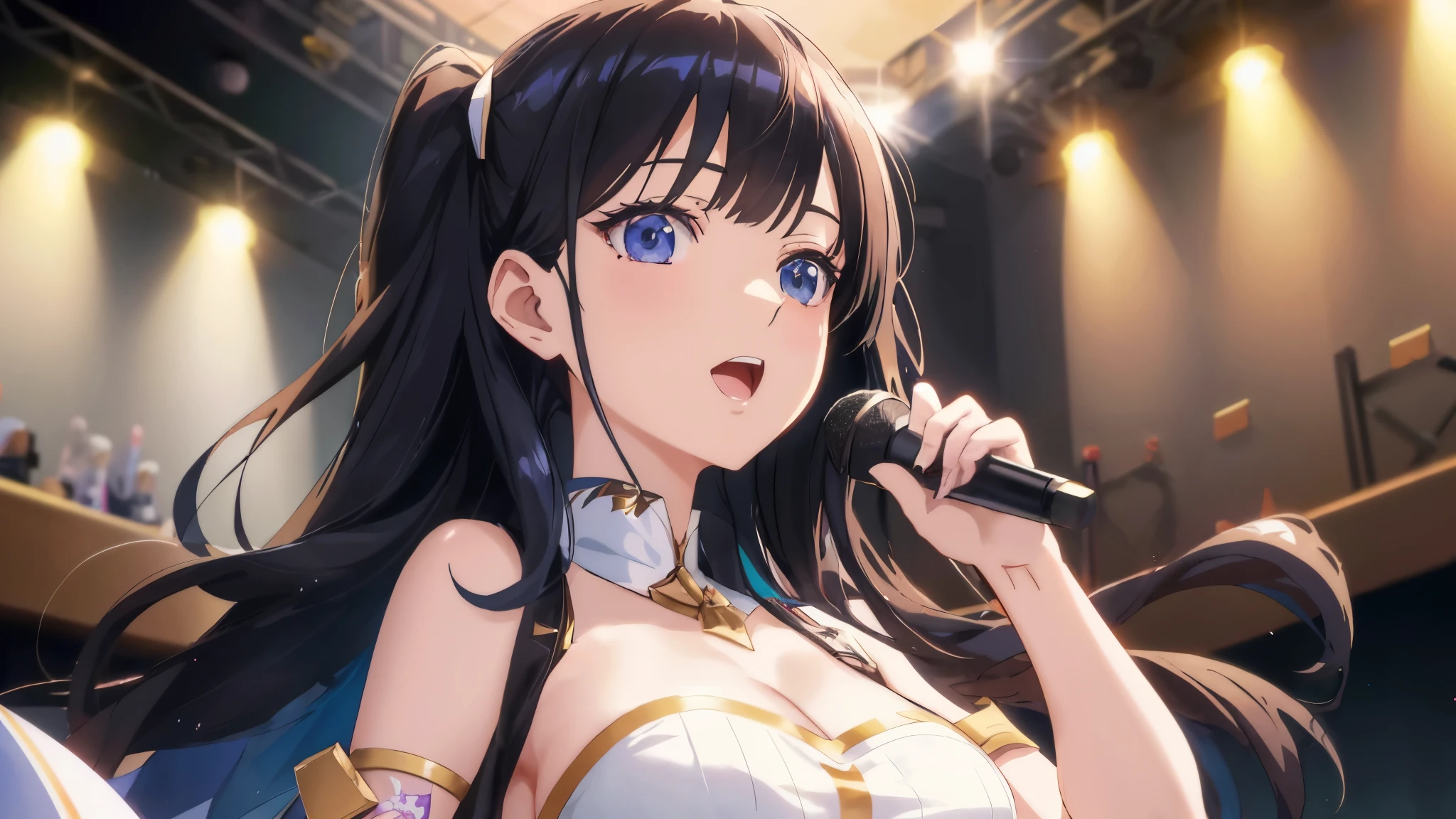 Anime girl with long black hair and rainbow-colored eyes holding a microphone, official artwork, marin kitagawa fanart, anime moe art style, high detailed official artwork, Ayaka Genshin impact, detailed digital anime art, Smooth anime CG art, everyone, album art, From the Azur Lane video game, trending on cgstation, Gweiz, Idol