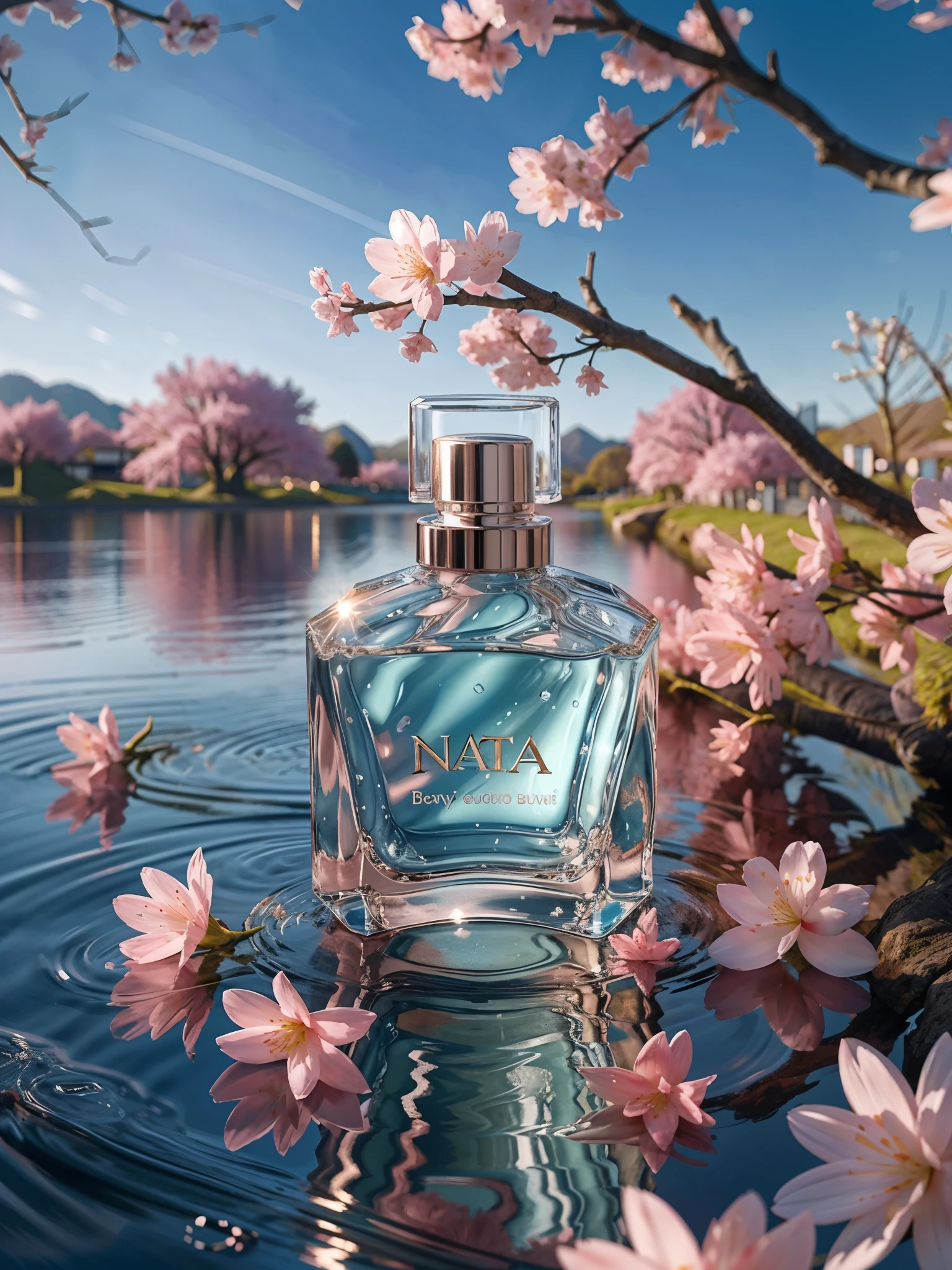 BEST QUALITY, 4K, 8K, HIGH RESOLUTION, MASTERPIECE, ULTRA-DETAILED, PHOTOREALISTIC, BLENDER, MAKEUP BOTTLE, CHERRY BLOSSOM WRAPPED AROUND, BLUE SKY BACKGROUND, WATER, SUNLIGHT, LOW PERSPECTIVE, PRODUCT RENDERING