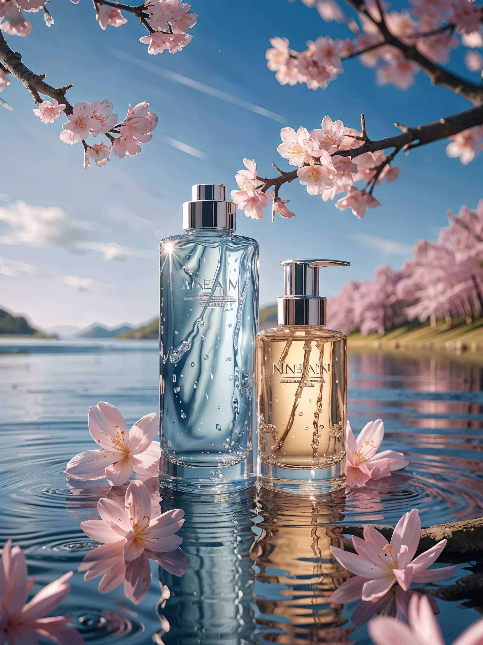 BEST QUALITY, 4K, 8K, HIGH RESOLUTION, MASTERPIECE, ULTRA-DETAILED, PHOTOREALISTIC, BLENDER, MAKEUP BOTTLE, CHERRY BLOSSOM WRAPPED AROUND, BLUE SKY BACKGROUND, WATER, SUNLIGHT, LOW PERSPECTIVE, PRODUCT RENDERING