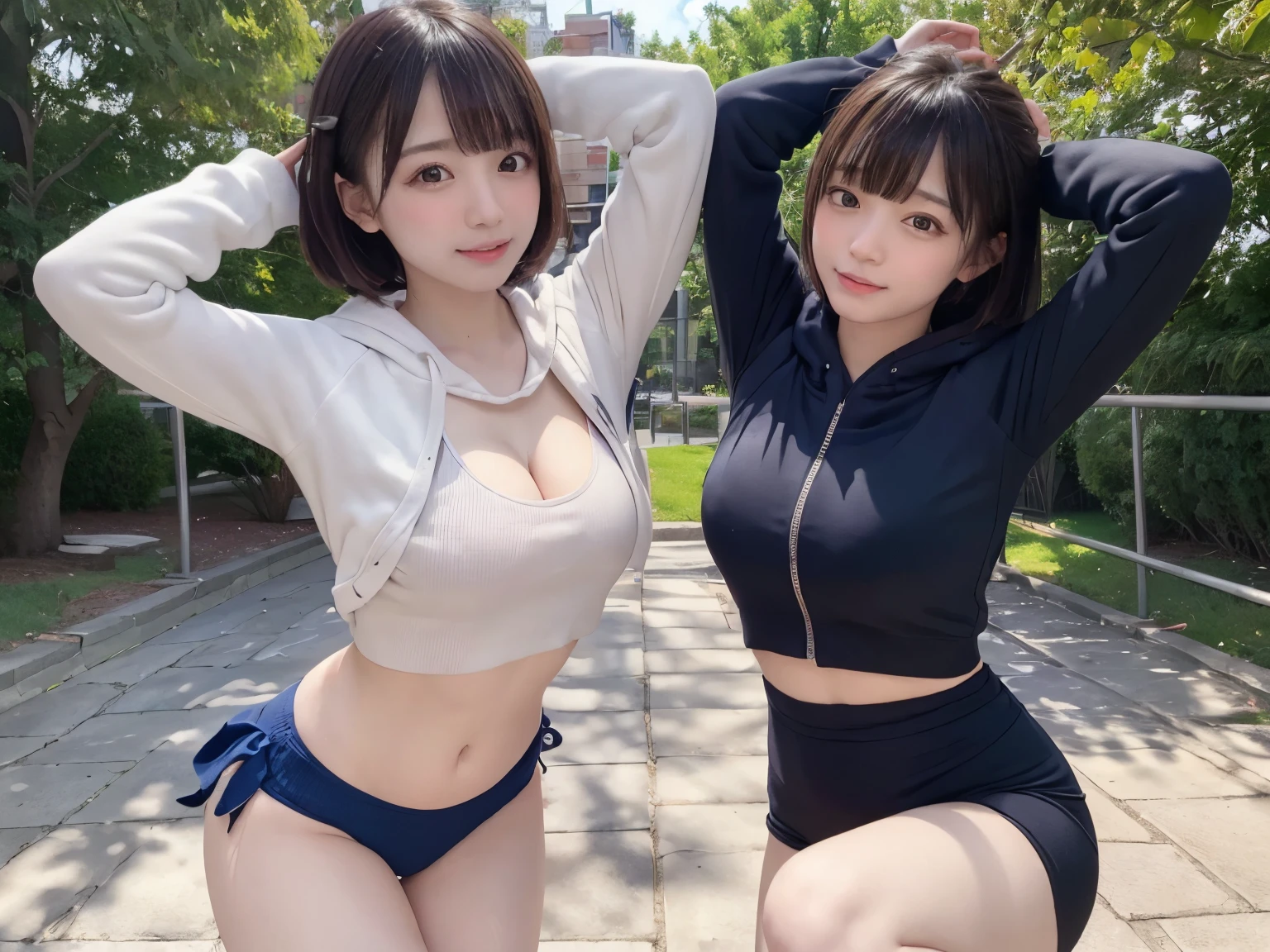 超highest quality、masterpiece、超High resolution、Depth of bounds written、(Photoreal:1.4)、(Award-winning photo、信じられないほどのmasterpiece:1.3) 、RAW photography、golden ratio、Highly detailed CG Unity 8K wallpaper、detailed and complex、original、High resolution、Raw photo、(perfect body shape)、detailed and complex、Digital single-lens reflex camera、soft writing、(background person blur:1.1)、Sigma 85mmF/1.4、50mm Lenac lighting、nffsw、hyper real、color grade,(2 girls, same height :1.2) , jumping up and down cheerfully, couple focus , dance happily,open your legs, raise your legs, jumping, leap, big breasts, jump, dance, big breasts, japanese girl , plump breasts, (smile:0.7), stand next to each other , Upper body, Gym suit, White Long Sleeve Hoodie, hood, navy blue bloomers, long legs, beautiful feet, beautiful thighs,realistic butt crack, にやにやのsmile, very short hair , (high color saturation:1.0), (highly detailed skin), (highest quality:1.0), (超High resolution:1.0) ,(photo-realistic:1.0), (super detailed:1.0), (8K, RAW photo:1.1)