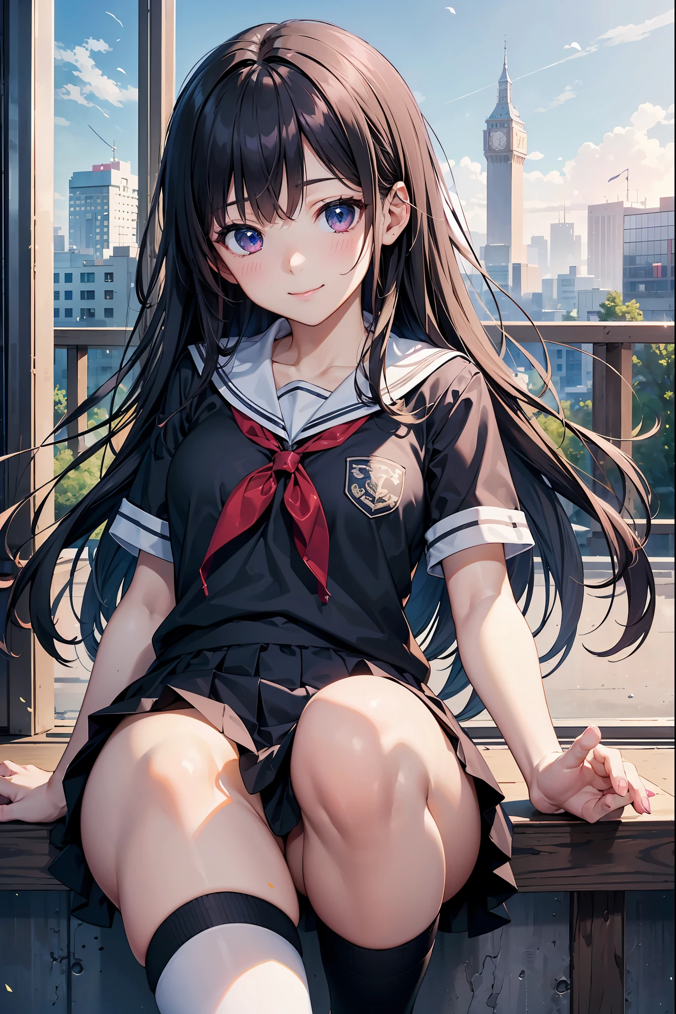 ((masterpiece)), ((best quality)), ((highest quality)), ((ultra-detailed)), ((8k cg wallpaper)), ((extremely delicate and beautiful)), ((illustration)), (high resolution), 1girl, school girl, black hair, smile, ((extremely beautiful detailed anime face))((extremely detailed game cg characters eyes)), school uniform, black high socks, zettai_ryoiki, more_details:-1, more_details:0, more_details:0.5, more_details:1, more_details:1.5