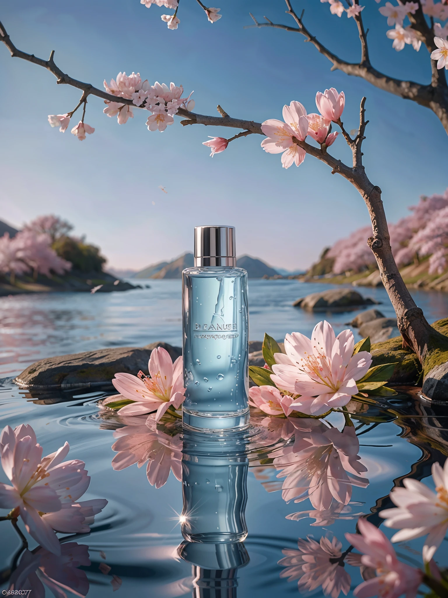 BEST QUALITY, 4K, 8K, HIGH RESOLUTION, MASTERPIECE, ULTRA-DETAILED, PHOTOREALISTIC, BLENDER, MAKEUP BOTTLE, CHERRY BLOSSOM WRAPPED AROUND, BLUE SKY BACKGROUND, WATER, SUNLIGHT, LOW PERSPECTIVE, PRODUCT RENDERING