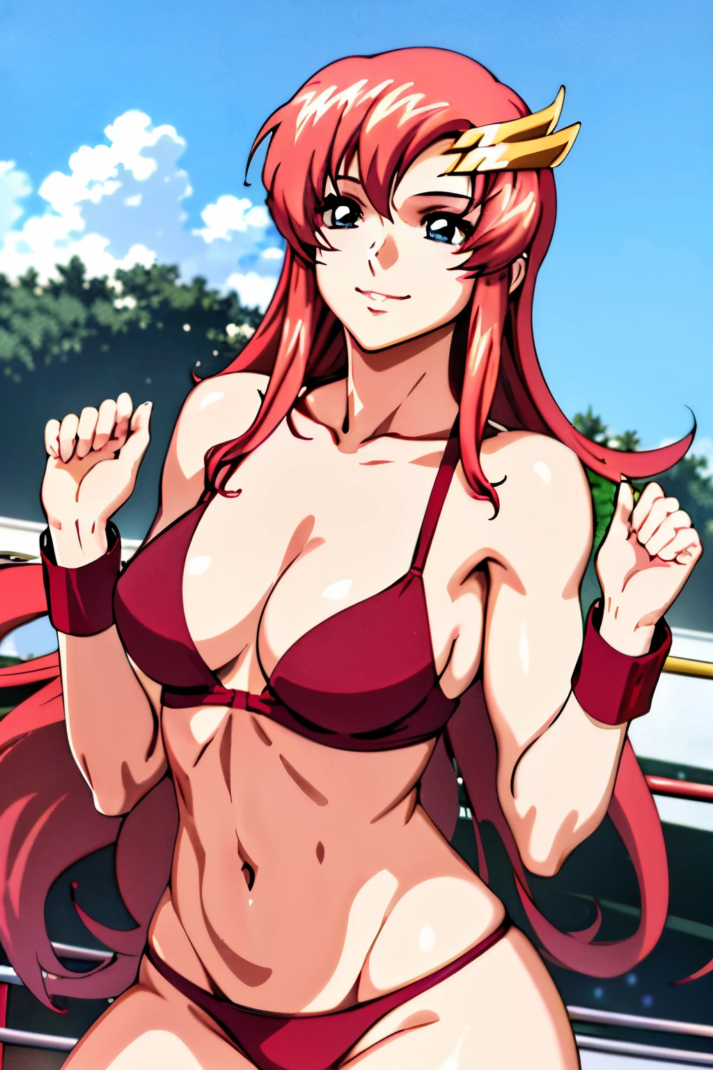 lacus4, (red sleeves, red bikini, groin, sleepy eyes), (masterpiece, victory pose, very slim shoulders, 4K, Best Quality, Anime style: 1.9, happy, Adult Woman, (ultra detailed head), (arena with crowd, cloud background), Drawing lines, high resolution, lacus4), 1girl, Solo, curvy figure, Long hair, 鎖骨, scapular, (Detailed wide hair bangs, Hair Ornament, Detailed reddish-pink hair, shiny streaks, slim arms, detailed golden crest), cleavage, large hands, (hair cover shoulders). (Big blue eyes, shiny eyes), ((female wrestler, (slim body), little biceps, slim arms, closed fists, thighs)), ((perfect proportions, medium breasts, long belly)), ((totally red bra, neck band, bracelets))), smile, (standing, hot colors), detailed fingers, (bare shoulders)