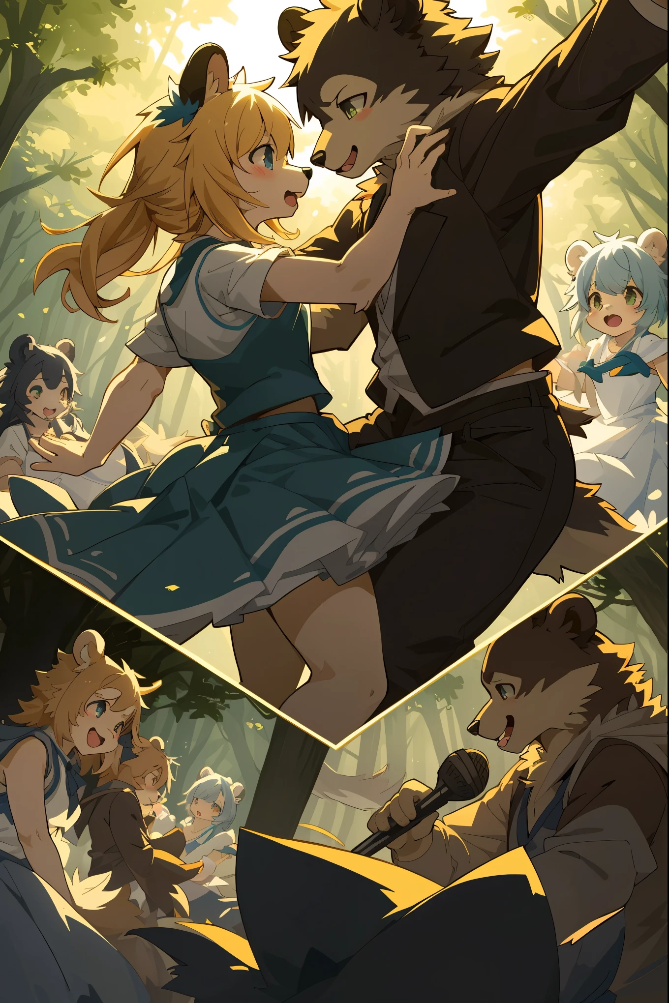 top quality, best quality, High-quality illustrations, masterpiece, super high resolution, detailed background, forest(super cute 1girl, bear, pair)singing, dancing, waltz, 6+boys, 6+girls, absurdres(highly detailed beautiful face and eyes)perfect anatomy, expression, good lighting, cinematic shadow(kemono, furry anthro)assorted poses, dynamic angle,