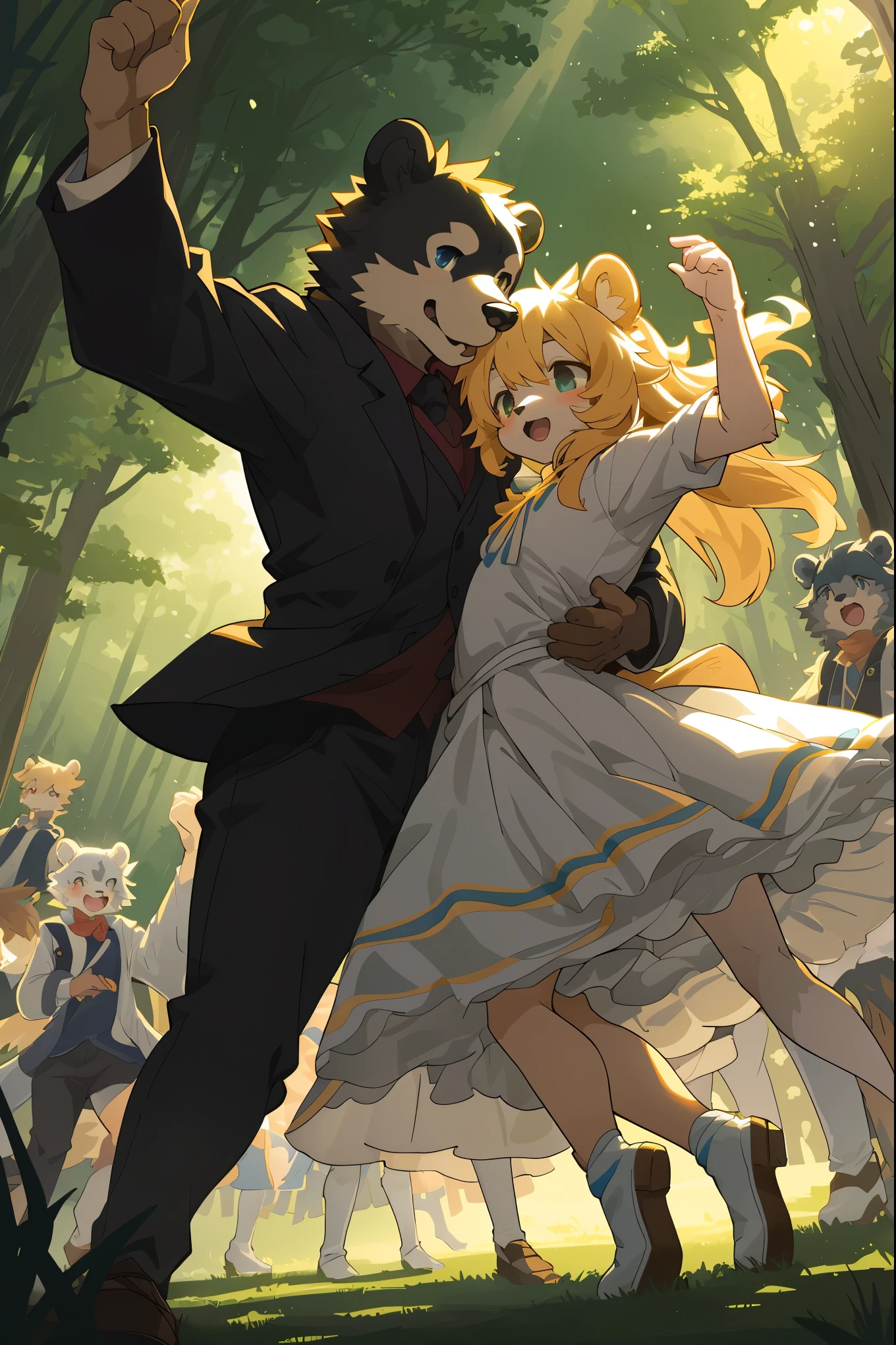 top quality, best quality, High-quality illustrations, masterpiece, super high resolution, detailed background, forest(super cute 1girl, bear, pair)singing, dancing, waltz, 6+boys, 6+girls, absurdres(highly detailed beautiful face and eyes)perfect anatomy, expression, good lighting, cinematic shadow(kemono, furry anthro)assorted poses, dynamic angle,