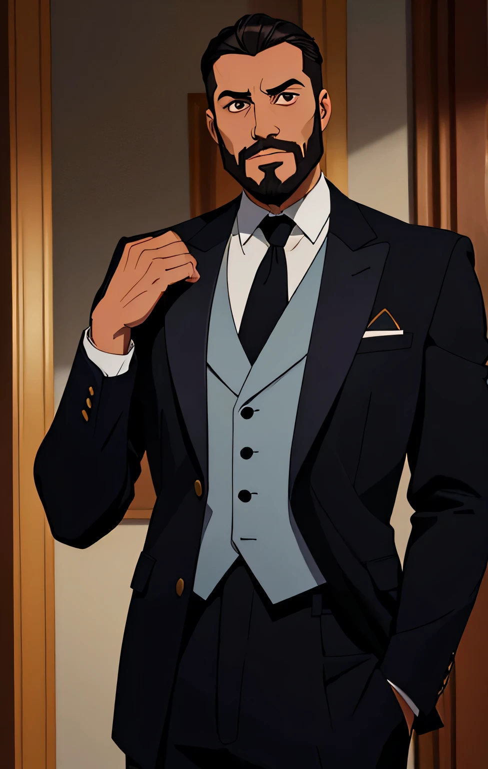 hacia arriba、Make a handsome man in his 30s in black suit and tie, Consejero delegado, brown hair and beard, (Hombre con traje negro y corbata), ), (Usa barba,) Aspecto atractivo y serio, cabello corto y oscuro, Elegante y con estilo, Afeitado ajustado al traje y cuerpo fuerte, (Alta calidad, true-to-life visuals), Negro oscuro y claro sobre el fondo de la imagen, Film style, ((highest qualityr, 8k, obra maestra), ultra hi definition photo, (Hermosos rostros detallados, Detalle de la textura de la piel, Cuerpo hiperdetallado:1.1)