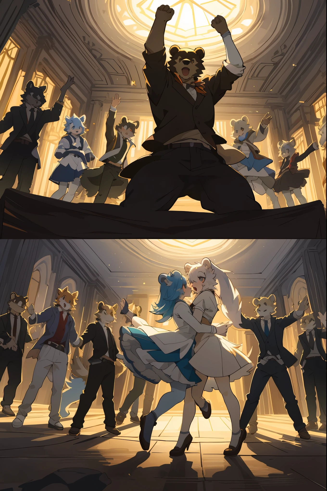 top quality, best quality, High-quality illustrations, masterpiece, super high resolution, detailed background, ballet, The Nutcracker, 6+boys, 6+girls, absurdres(highly detailed beautiful face and eyes)perfect anatomy, expression, good lighting, cinematic shadow(kemono, furry anthro)assorted poses, dynamic angle,
