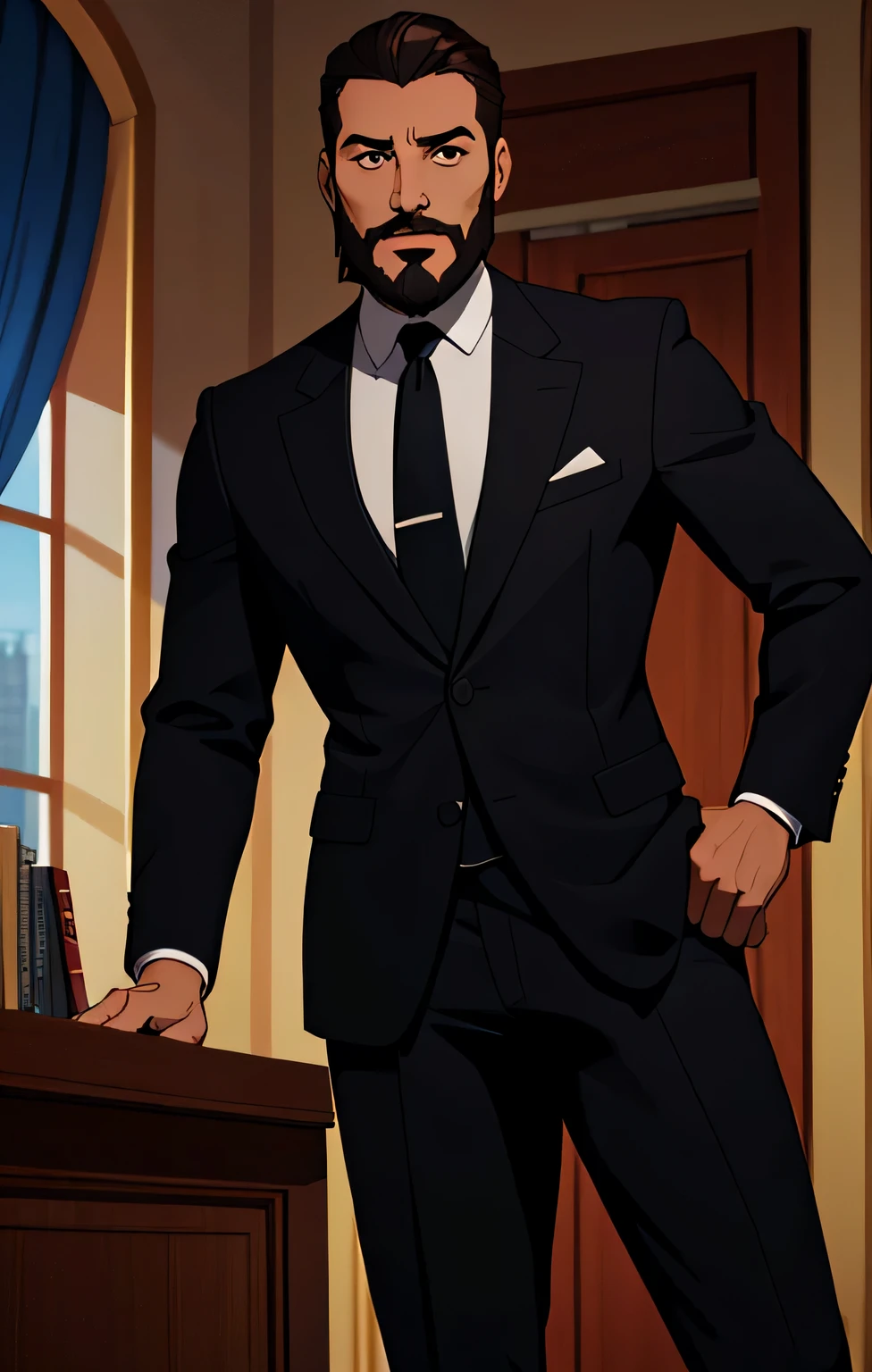 hacia arriba、Make a handsome man in his 30s in black suit and tie, Consejero delegado, brown hair and beard, (Hombre con traje negro y corbata), ), (Usa barba,) Aspecto atractivo y serio, cabello corto y oscuro, Elegante y con estilo, Afeitado ajustado al traje y cuerpo fuerte, (Alta calidad, true-to-life visuals), Negro oscuro y claro sobre el fondo de la imagen, Film style, ((highest qualityr, 8k, obra maestra), ultra hi definition photo, (Hermosos rostros detallados, Detalle de la textura de la piel, Cuerpo hiperdetallado:1.1)