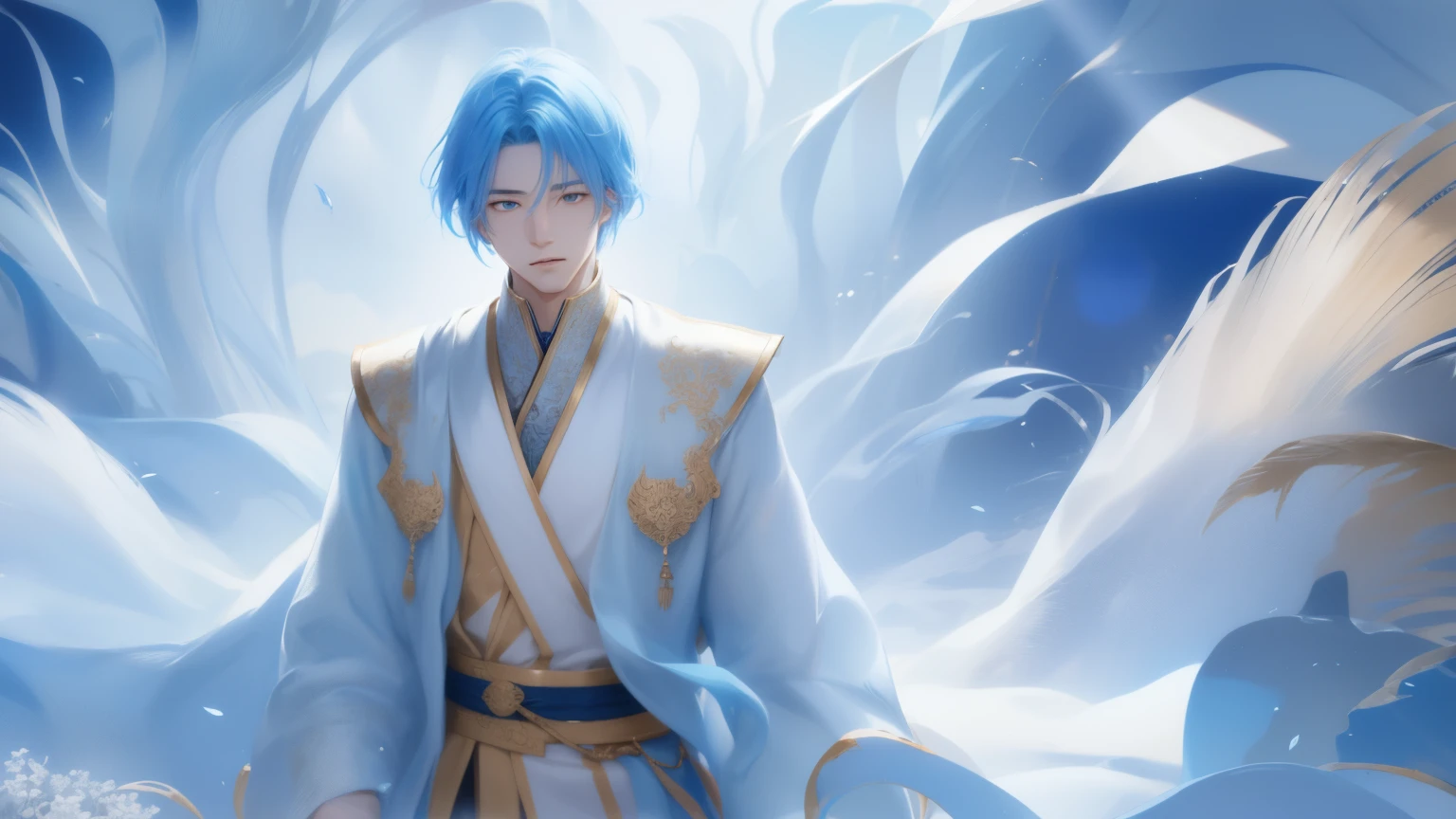  high quality, ，Super detailed CG illustration of a young man with a calm expression, stare into the distance，His striking light blue hair blew gently in the desert breeze. The landscape behind him is vast and stunning, Taking viewers into a world of wonder and discovery.More creativity
