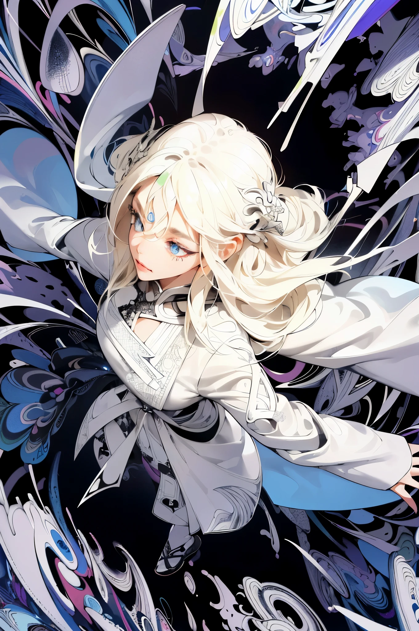 absurdres, highres, ultra detailed, 1girl, solo, extremely detailed eyes, Ultra-precise depiction, Ultra-detailed depiction, (zentangle:1.2), (dynamic pose), (abstract background:1.5), (treditional dress:1.2), short platinum blonde, (shiny skin), black and white, monochrome, water, ocean (from above)