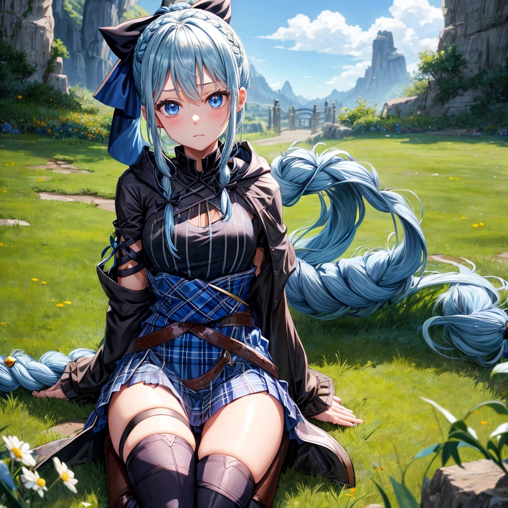 patina hair、blue eyes、Braid、ponytail、one good looking girl、solo、anime、Plaid miniskirt、camisole、black t-shirt、Tilting your face、Doing the ribbon、Ribbon at waist、cloak、Crystal Grotto、wearing a hood、look back、Baibai、sitting straight、grass