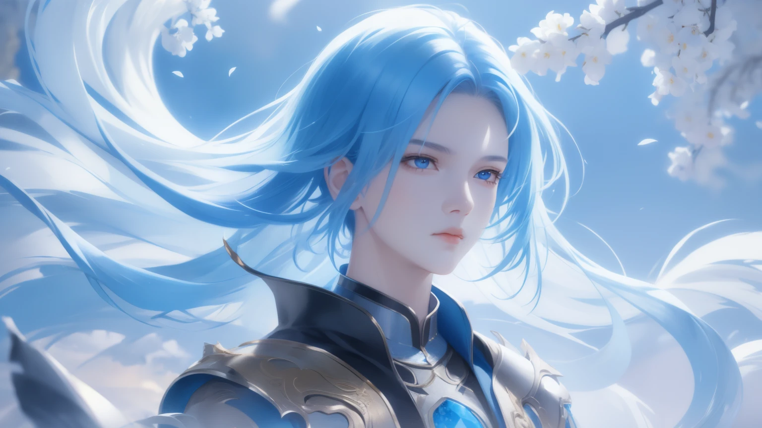 high quality,1girl,Super detailed CG illustration of a young man with a calm expression, stare into the distance,His striking light blue hair blew gently in the desert breeze. The landscape behind him is vast and stunning, Taking viewers into a world of wonder and discovery.More creativity