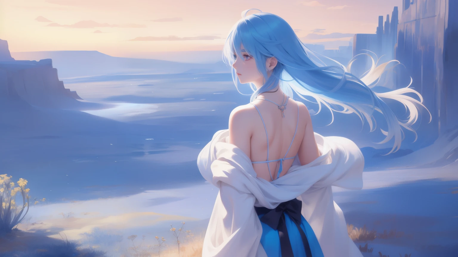 high quality,1girl,Super detailed CG illustration of a young man with a calm expression, stare into the distance,His striking light blue hair blew gently in the desert breeze. The landscape behind him is vast and stunning, Taking viewers into a world of wonder and discovery.More creativity