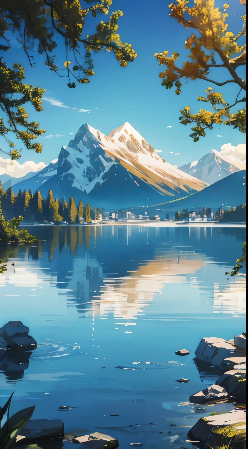 , masterpiece, best quality, 8k, absurdres, water surface, summer, noon, sunlight, blue sky, perspective, depth of field, highres, fine details, ultra-detailed, serene sharp focus of a lake with the sun beating, where a person stands on top of a leaf, highlighting the following elements:
The lake should be depicted in a calm and clear way, reflecting the sunlight.
The sun should be in evidence, radiating rays of light over the scene.
The person should be positioned on top of a leaf, conveying a sense of balance and connection with nature.
The environment around the lake may contain natural elements such as trees, flowers or mountains in the background.
Use soft and harmonious colors to convey the serenity of the scene.
Ensure that the image is visually pleasing and conveys a sense of tranquility. |
