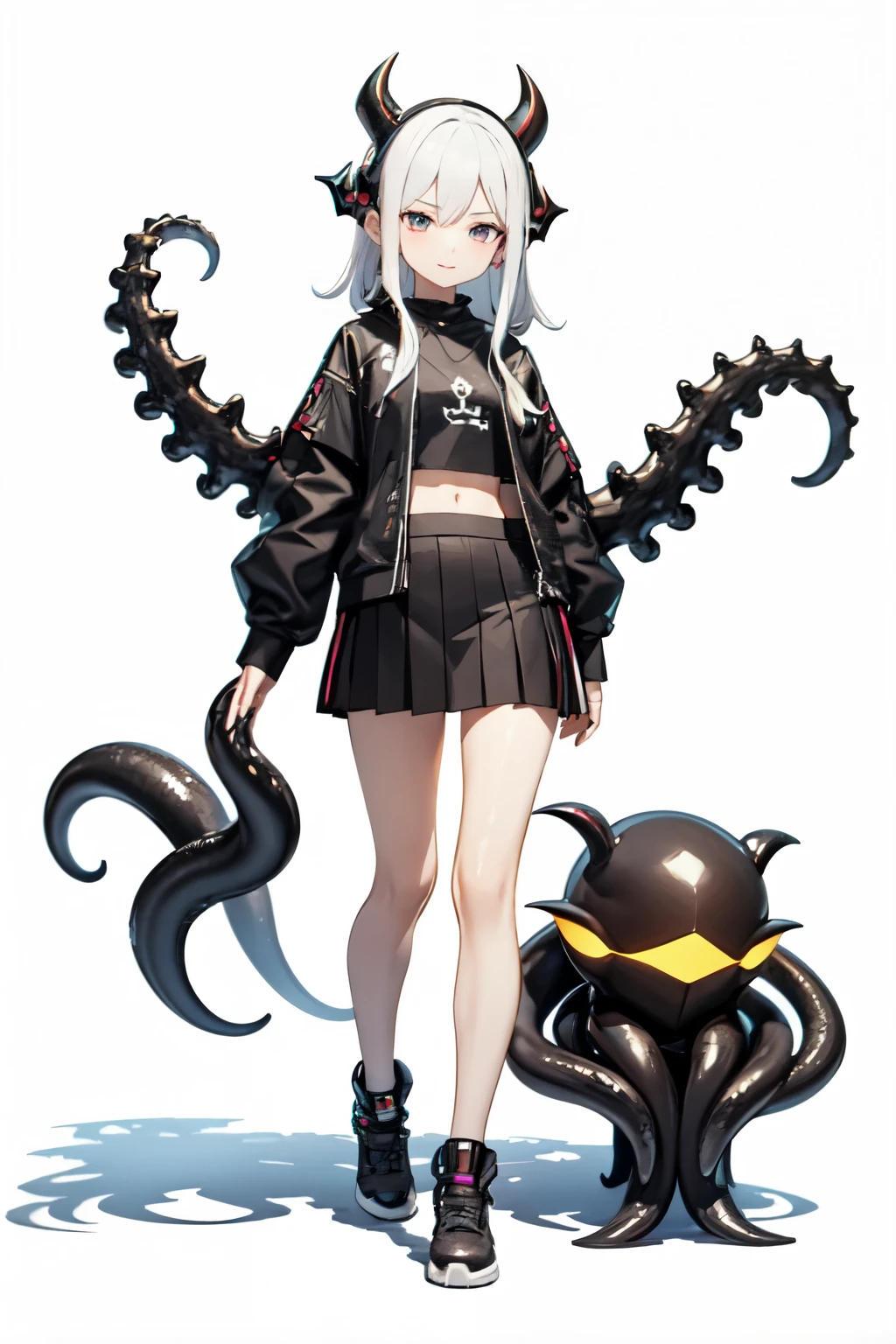 ((最好的质量)), ((杰作)), (详细的), 完美的脸, full body portrait, anime secondary, , cunning, 3d modeling, octopus hat, cthulhu, virtual anchor, more accessories, short skirt, cyberpunk, high resolution, white background,sexy, future, technology,matrices