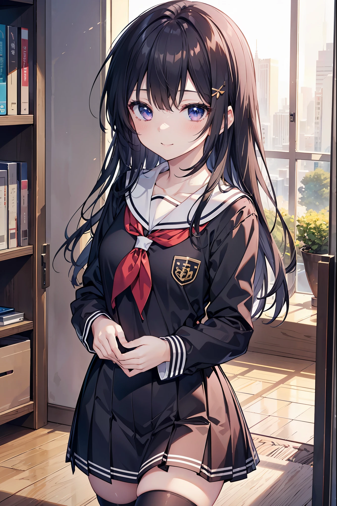 ((masterpiece)), ((best quality)), ((highest quality)), ((ultra-detailed)), ((8k cg wallpaper)), ((extremely delicate and beautiful)), ((illustration)), (high resolution), 1girl, school girl, black hair, smile, ((extremely beautiful detailed anime face))((extremely detailed game cg characters eyes)), school uniform, black high socks, zettai_ryoiki, more_details:-1, more_details:0, more_details:0.5, more_details:1, more_details:1.5