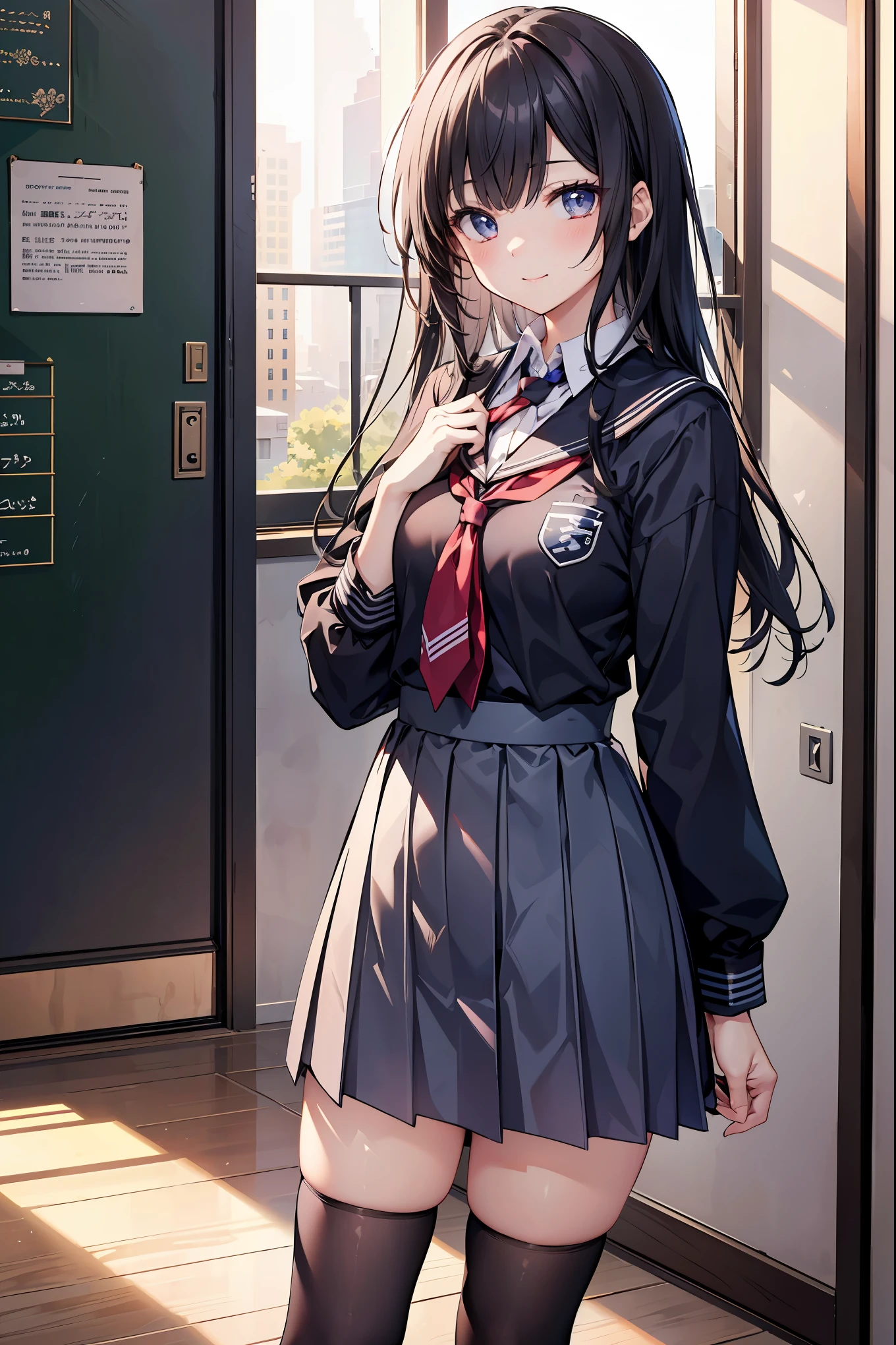 ((masterpiece)), ((best quality)), ((highest quality)), ((ultra-detailed)), ((8k cg wallpaper)), ((extremely delicate and beautiful)), ((illustration)), (high resolution), 1girl, school girl, black hair, smile, ((extremely beautiful detailed anime face))((extremely detailed game cg characters eyes)), school uniform, black high socks, zettai_ryoiki, more_details:-1, more_details:0, more_details:0.5, more_details:1, more_details:1.5