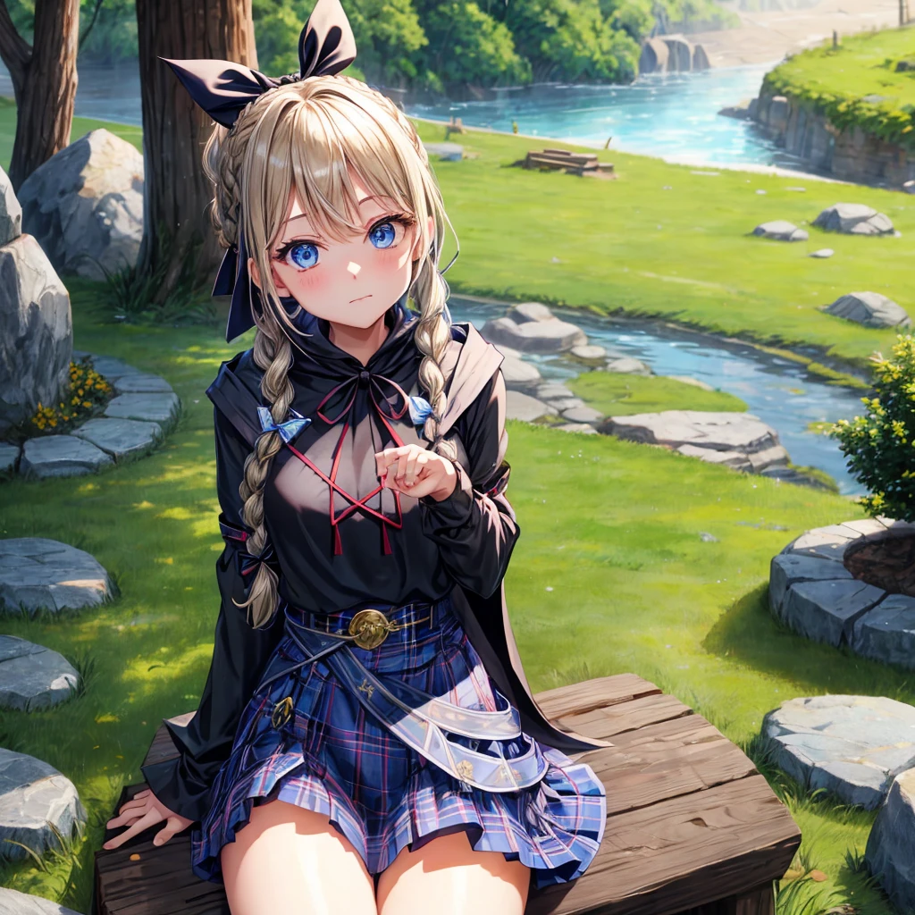 patina hair、blue eyes、Braid、ponytail、one good looking girl、solo、anime、Plaid miniskirt、camisole、black t-shirt、Tilting your face、Doing the ribbon、Ribbon at waist、cloak、Crystal Grotto、wearing a hood、look back、Baibai、sitting straight、grass