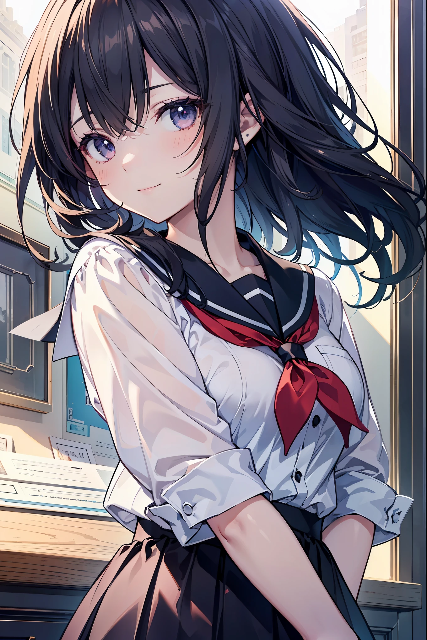((masterpiece)), ((best quality)), ((highest quality)), ((ultra-detailed)), ((8k cg wallpaper)), ((extremely delicate and beautiful)), ((illustration)), (high resolution), 1girl, school girl, black hair, smile, ((extremely beautiful detailed anime face))((extremely detailed game cg characters eyes)), school uniform, black high socks, zettai_ryoiki, more_details:-1, more_details:0, more_details:0.5, more_details:1, more_details:1.5