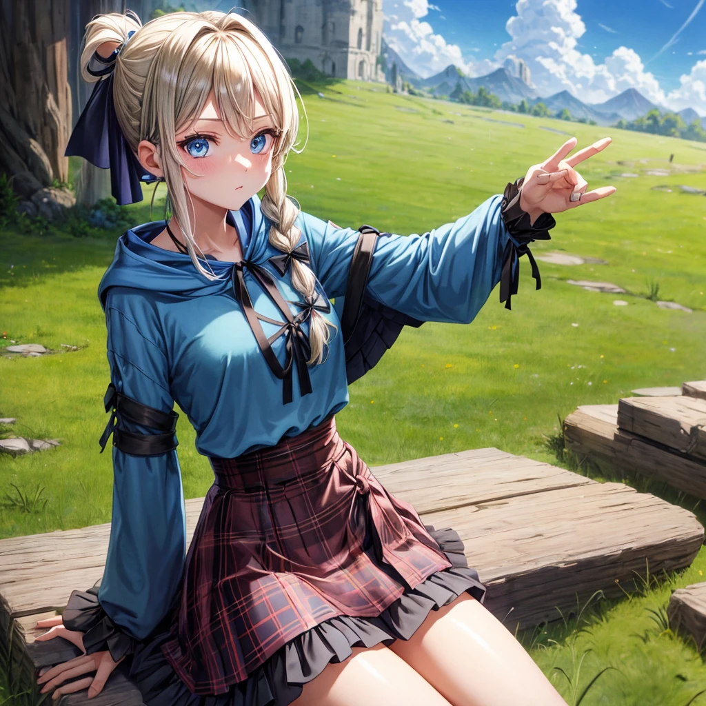 patina hair、blue eyes、Braid、ponytail、one good looking girl、solo、anime、Plaid miniskirt、camisole、black t-shirt、Tilting your face、Doing the ribbon、Ribbon at waist、cloak、Crystal Grotto、wearing a hood、look back、Baibai、sitting straight、grass、clouds are being sucked in