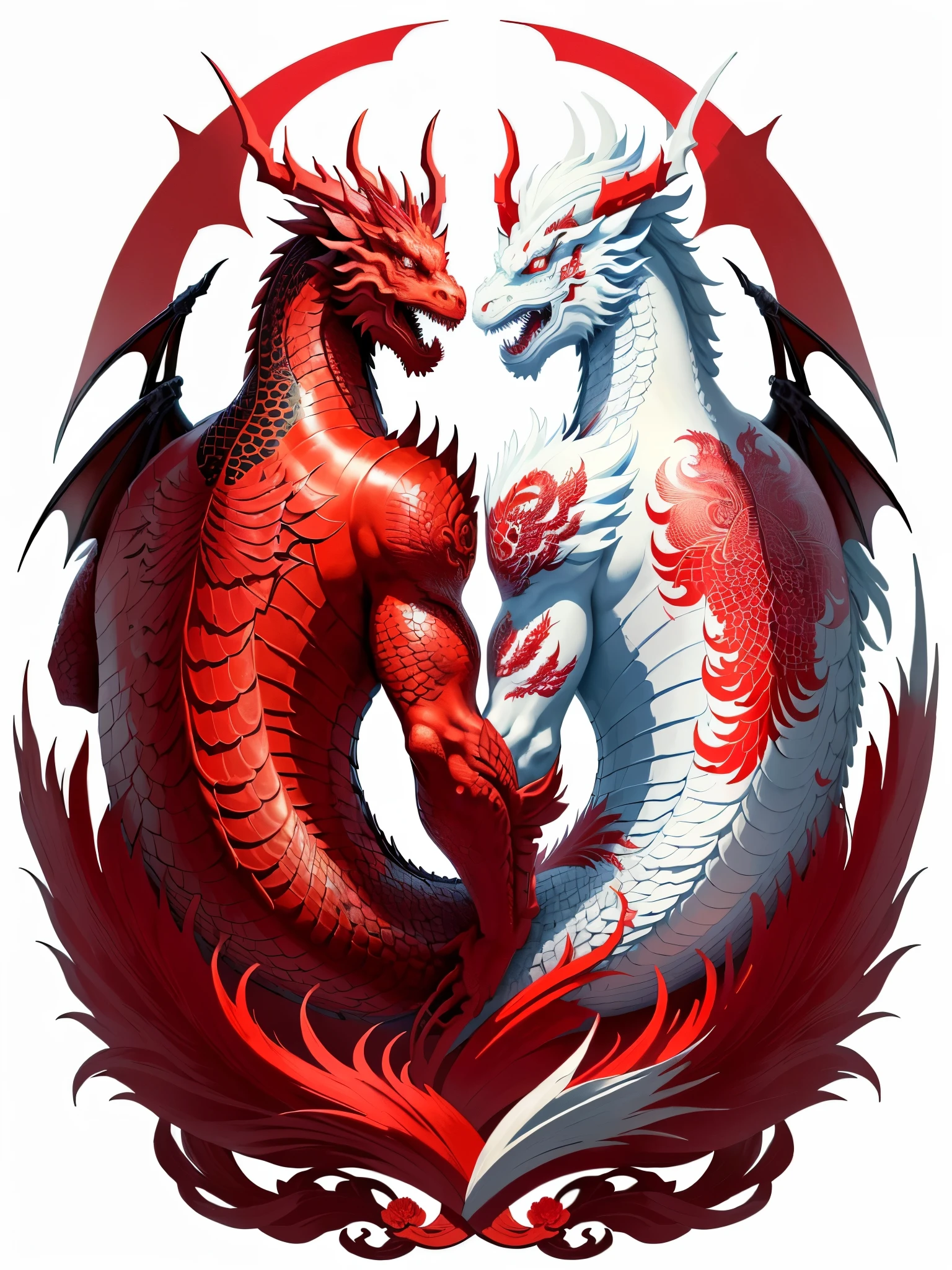 a Red Dragon with a dragon head and flowers on a white background, majestic japanese dragon, Color illustration for tattoo, Red Dragon, Japanese art style, oriental tatu agens, Inspiration from Utagawa Yoshitaki, Inspiration for Utagawa Hiroei, Lower left arm and back, Utagawa Yoshiya&#39;s inspiration, Chinese dragon, tattoo design, a Red Dragon