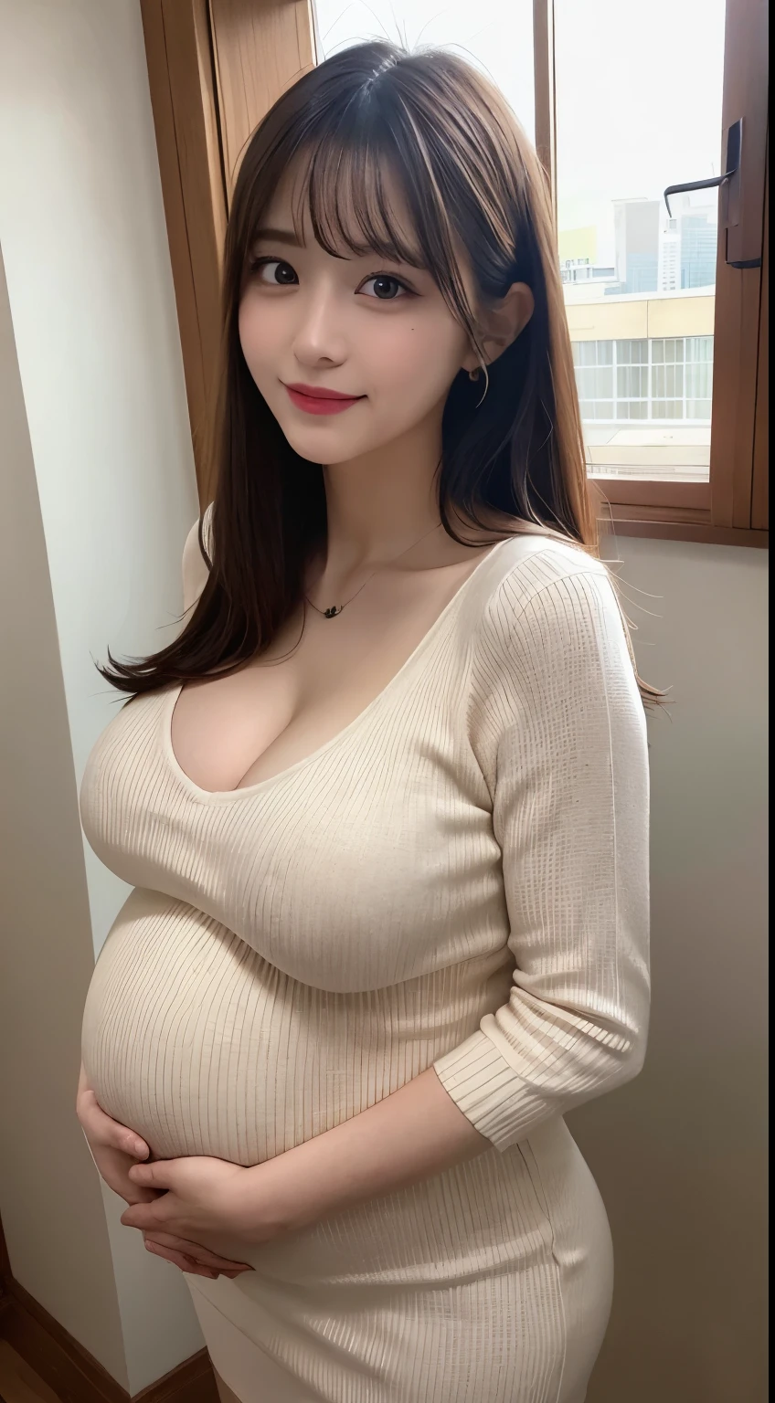 masutepiece, Best Quality, Illustration, Ultra-detailed, finely detail, hight resolution, 8K Wallpaper, Perfect dynamic composition, Beautiful detailed eyes, Natural Lip, Big breasts, huge pregnant, Random sexy poses,Raw photo,kawaii,ssmile、Tight knitted dresses、Colossal tits、Brown coordination that shows off the shape of your chest