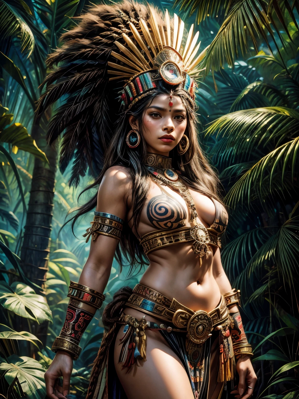 1girl, Aztec Empire, Aztec tribal queen with tribal markings and patterns, Mesoamerican, Mexica, realism, masterpiece, textured skin, super detail, high detail, high quality, best quality, 1080p, 16k, jungle background