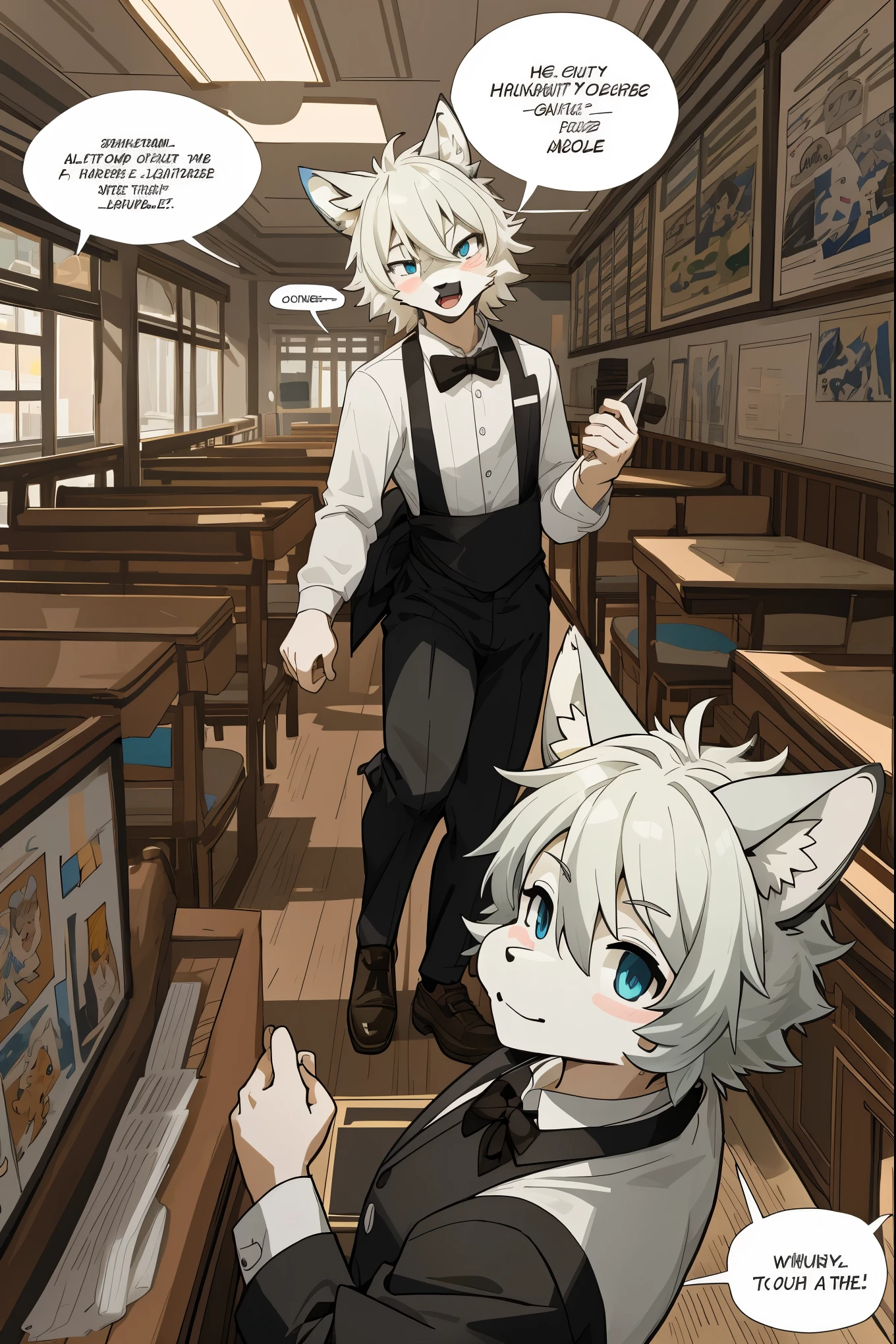 top quality, best quality, highres, masterpiece, super high resolution, detailed background, Casual reutaurant interior, part-time job, waiter, Butler, 6+boys, 6+girls, absurdres(highly detailed beautiful face and eyes)perfect anatomy, good lighting, cinematic shadow(kemono, furry anthro)assorted expressions, assorted poses, assorted angles, full body, upper shot, dynamic angle(girls comic-like panel layouts, speech balloon, English text, Hand-drawn sound effects stickers used in girls comic),