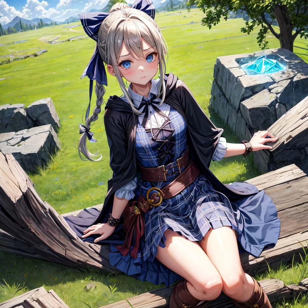 patina hair、blue eyes、Braid、ponytail、one good looking girl、solo、anime、Plaid miniskirt、camisole、black t-shirt、Tilting your face、Doing the ribbon、Ribbon at waist、cloak、Crystal Grotto、wearing a hood、look back、Baibai、sitting straight、grass、clouds are being sucked in