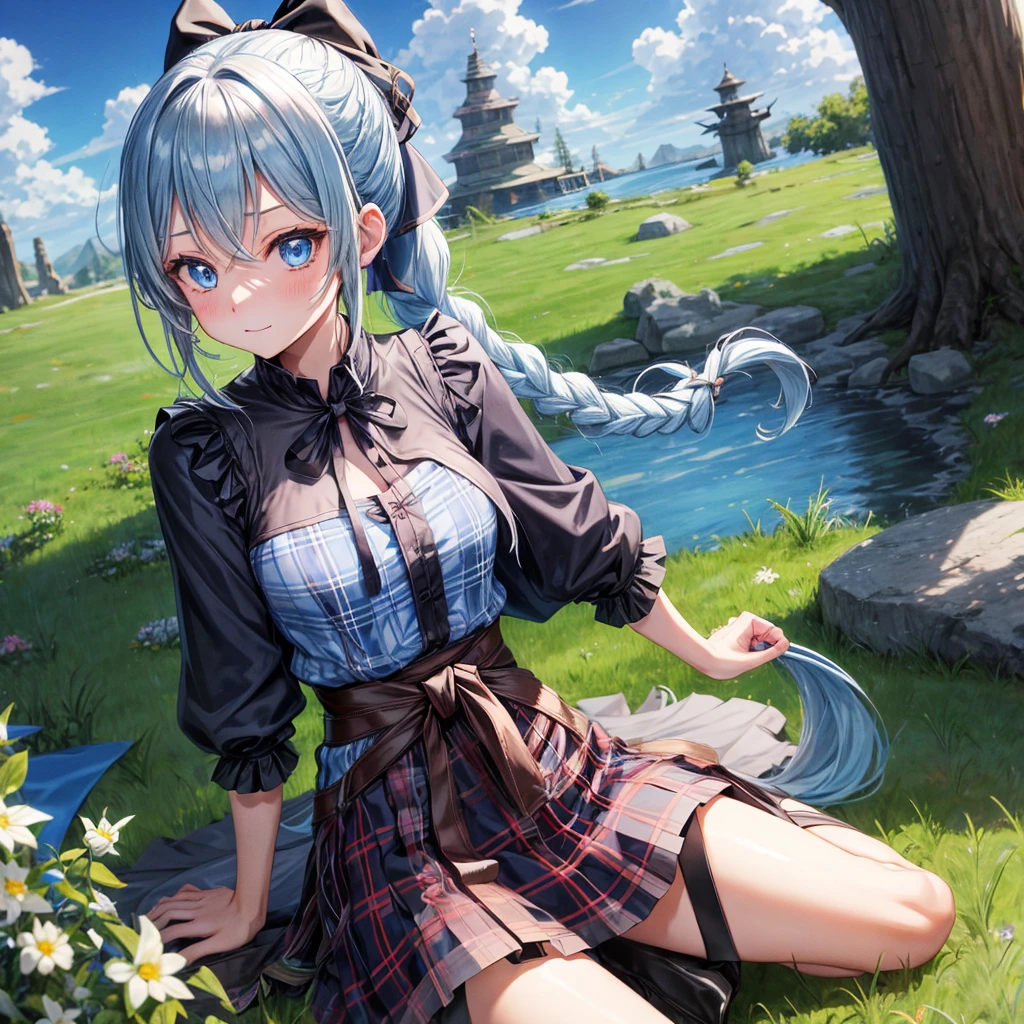 patina hair、blue eyes、Braid、ponytail、one good looking girl、solo、anime、Plaid miniskirt、camisole、black t-shirt、Tilting your face、Doing the ribbon、Ribbon at waist、cloak、Crystal Grotto、wearing a hood、look back、Baibai、sitting straight、grass、clouds are being sucked in