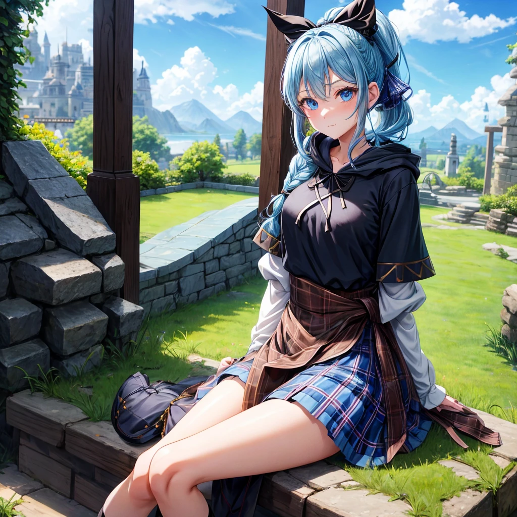 patina hair、blue eyes、Braid、ponytail、one good looking girl、solo、anime、Plaid miniskirt、camisole、black t-shirt、Tilting your face、Doing the ribbon、Ribbon at waist、cloak、Crystal Grotto、wearing a hood、look back、Baibai、sitting straight、grass、clouds are being sucked in