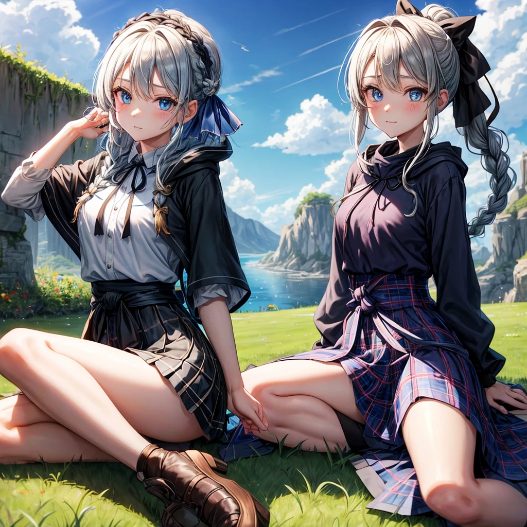 patina hair、blue eyes、Braid、ponytail、one good looking girl、solo、anime、Plaid miniskirt、camisole、black t-shirt、Tilting your face、Doing the ribbon、Ribbon at waist、cloak、Crystal Grotto、wearing a hood、look back、Baibai、sitting straight、grass、clouds are being sucked in