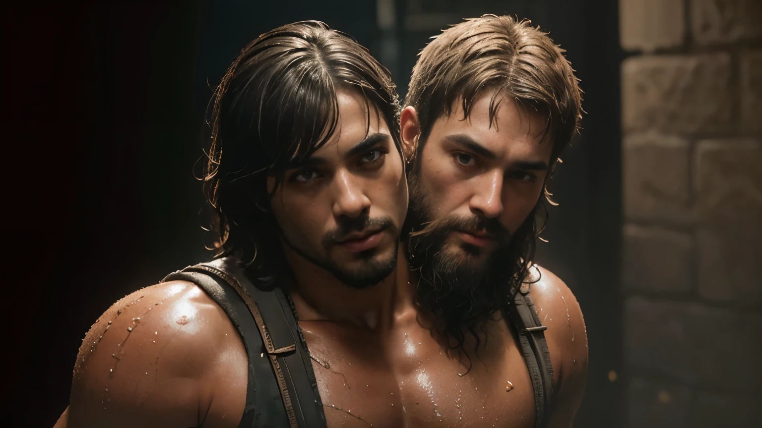 (((2heads))),1man,a man in the style of 1980s gi joe cartoon, black skin, argentinian, facial hair, speedo, body hair, , ((big bulge)), thick lips, dreamy atmosphere, dark amber and red, i can't believe how beautiful this is, serene atmosphere, flickering light, epic realistic, in a dimly lit dungeon, shackles on ankles and arms, illustrated by herg, style of tin tin comics, pen and ink,art by greg rutkowski and artgerm, soft cinematic light,hdr, intricate, highly detailed, (depth of field:1.4), faded, (neutral colors:1.2), (hdr:1.4), (muted colors:1.2), hyperdetailed, (artstation:1.4), cinematic, warm lights, dramatic light, (intricate details:1.1), complex background, (rutkowski:0.66), (teal and orange:0.4), (intricate details:1.12), hdr, (intricate details, hyperdetailed:1.15) (wet skin texture:1.2), (old)