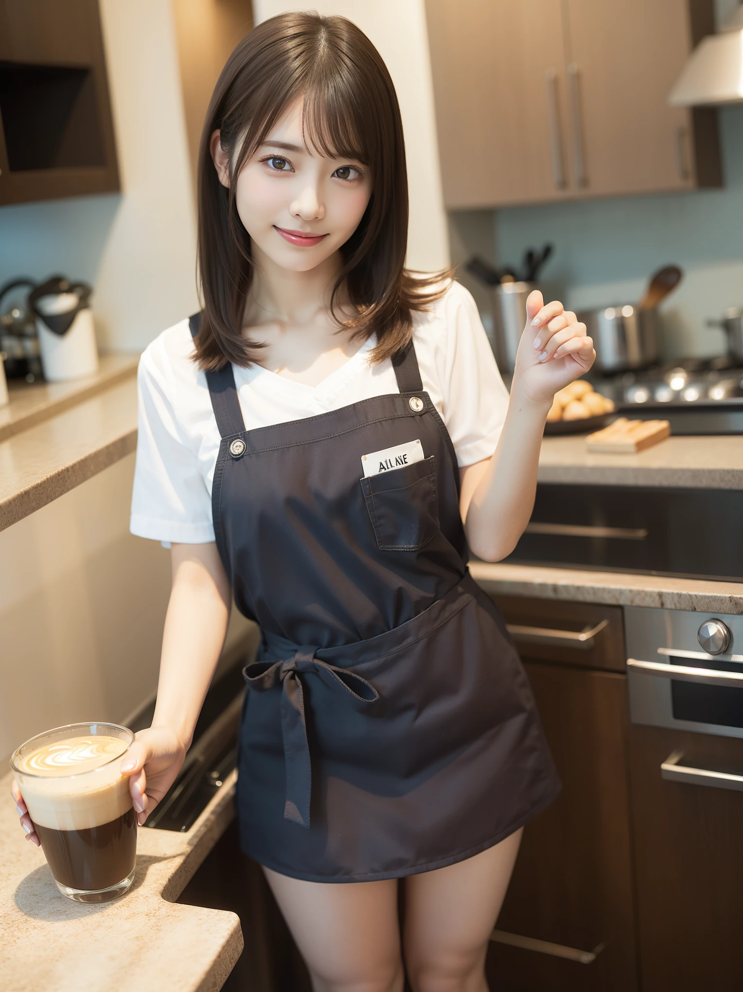 In 8K,highest quality:1.4, Super high resolution:1.5, (realistic:1.4),masterpiece:1.2,(highest quality:1.4)、 RAW photo、 １japanese girl、 cute、medium breasts:1.5、 (alone:1.8)、kitchen、 (shy smile:1.3), smooth skin、30 years old:1.5、beautiful black eyes、natural skin texture:1.3, Realistic eye and face details:1.8、 (brown medium hair,bangs), (touch hair:1.4)、Nogizaka、cute colorful apron、cafe clerk、supple fingertips、beautiful black eyes、natural skin texture:1.3, Realistic eye and face details:1.7、look at the viewer、full body shot:1.8、beautiful feet、gravure、attractive girl、thighs thighs thighs、standing、coffee