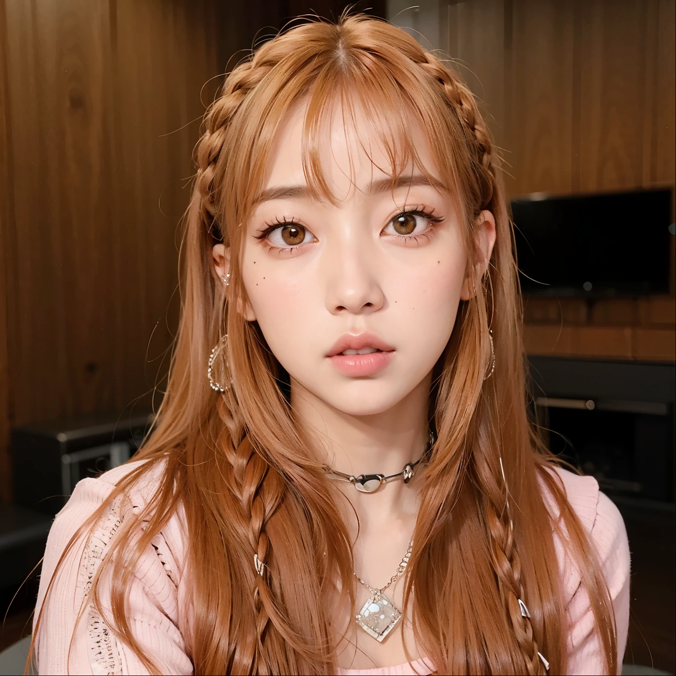 Chica arafed con pelo largo rojo y trenzas con una camisa rosa., jossi de blackpink, Lalisa Manoban de Blackpink, Lalisa Manobal, parque roseanne de blackpink, portrait of jossi de blackpink, peinado de dos colas, el corte de hime, peinado de coletas, con flequillo completo, con flequillo, long hair con flequillo, neat hair con flequillo