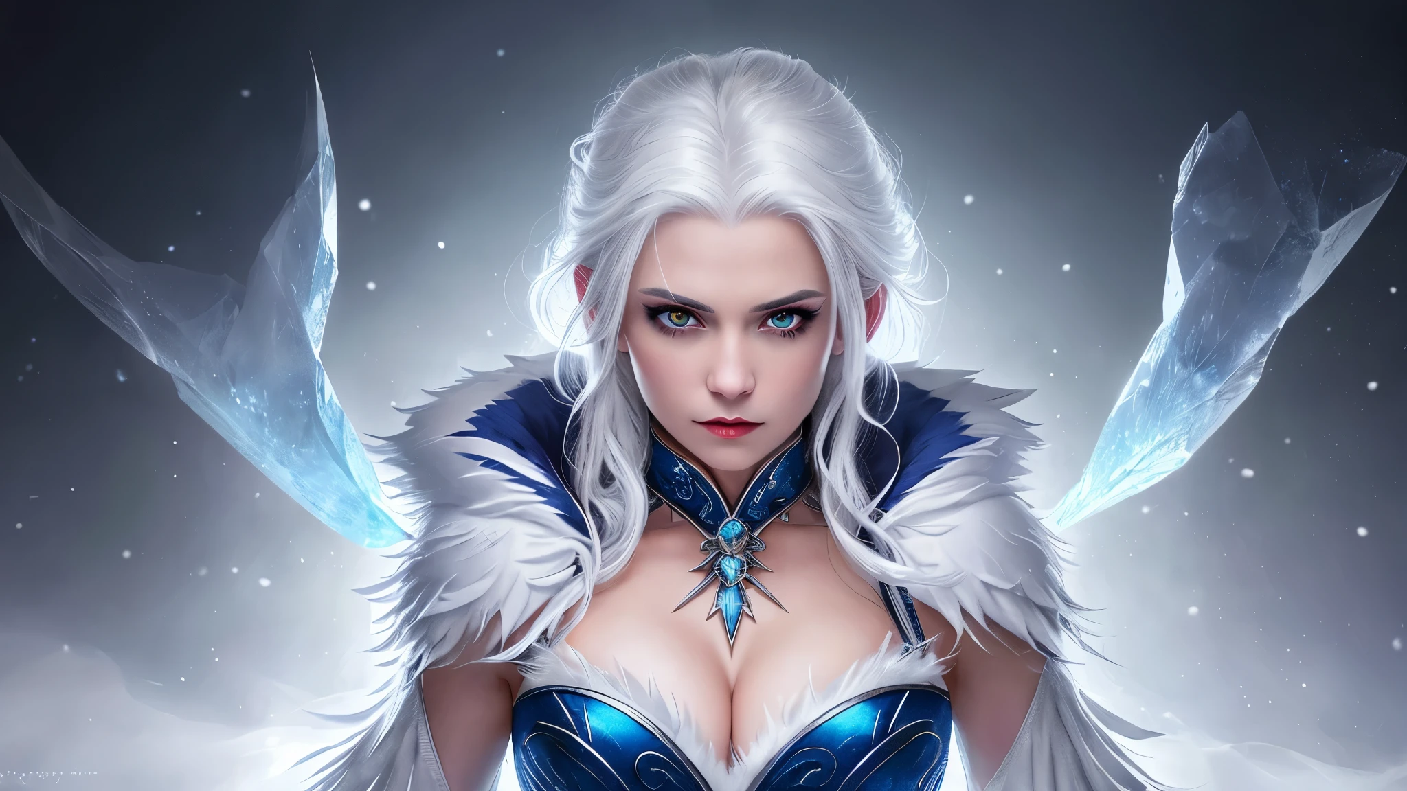 portrait of sexy ice witch, white hair, white eyes, frost spells, small ice pingouin, small ice penguin, arctic, ice, snow, (cleavage:1.2), half body, epic (photo, studio lighting, hard light, sony a7, 50 mm, matte skin, pores, colors, hyperdetailed, hyperrealistic)
