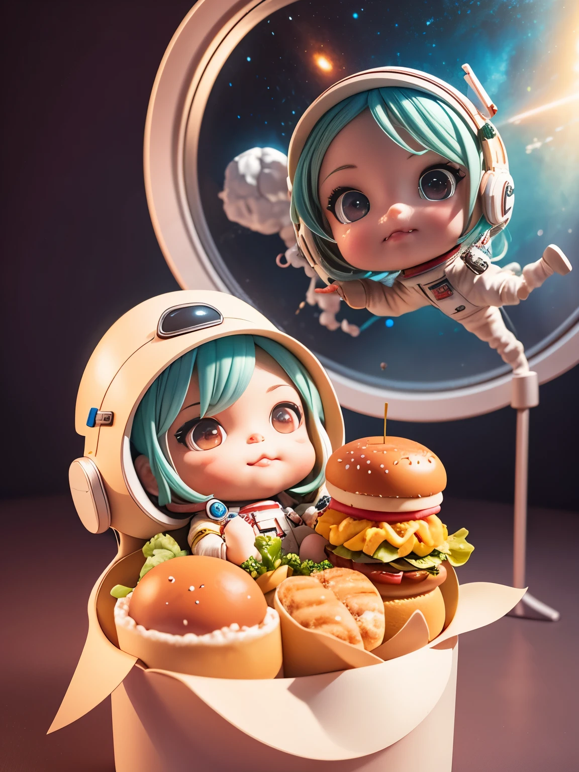 There is a little doll, cute 3d rendering, little astronaut looking up, portrait anime space cadet boy, cute 3d anime boy rendering, cute detailed digital art, male explorer mini cute boy, 3d rendering stylized, 3d rendered character art 8k, cute digital painting, anime style 3d, super detailed rendering, she is eating hamburger